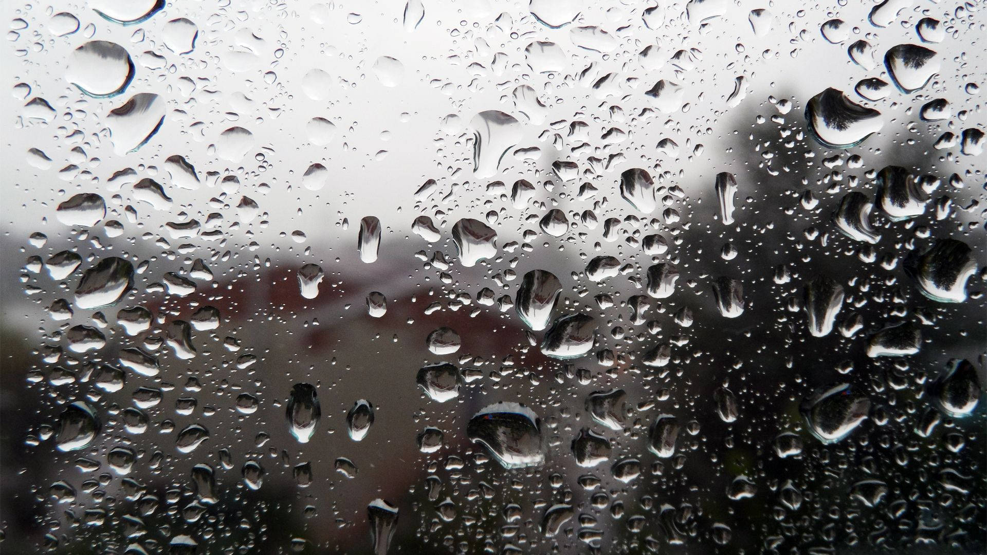Rainy Day 桌布 壁紙 — 雨滴依附在玻璃表面，模糊了外面柔和的都市景象。