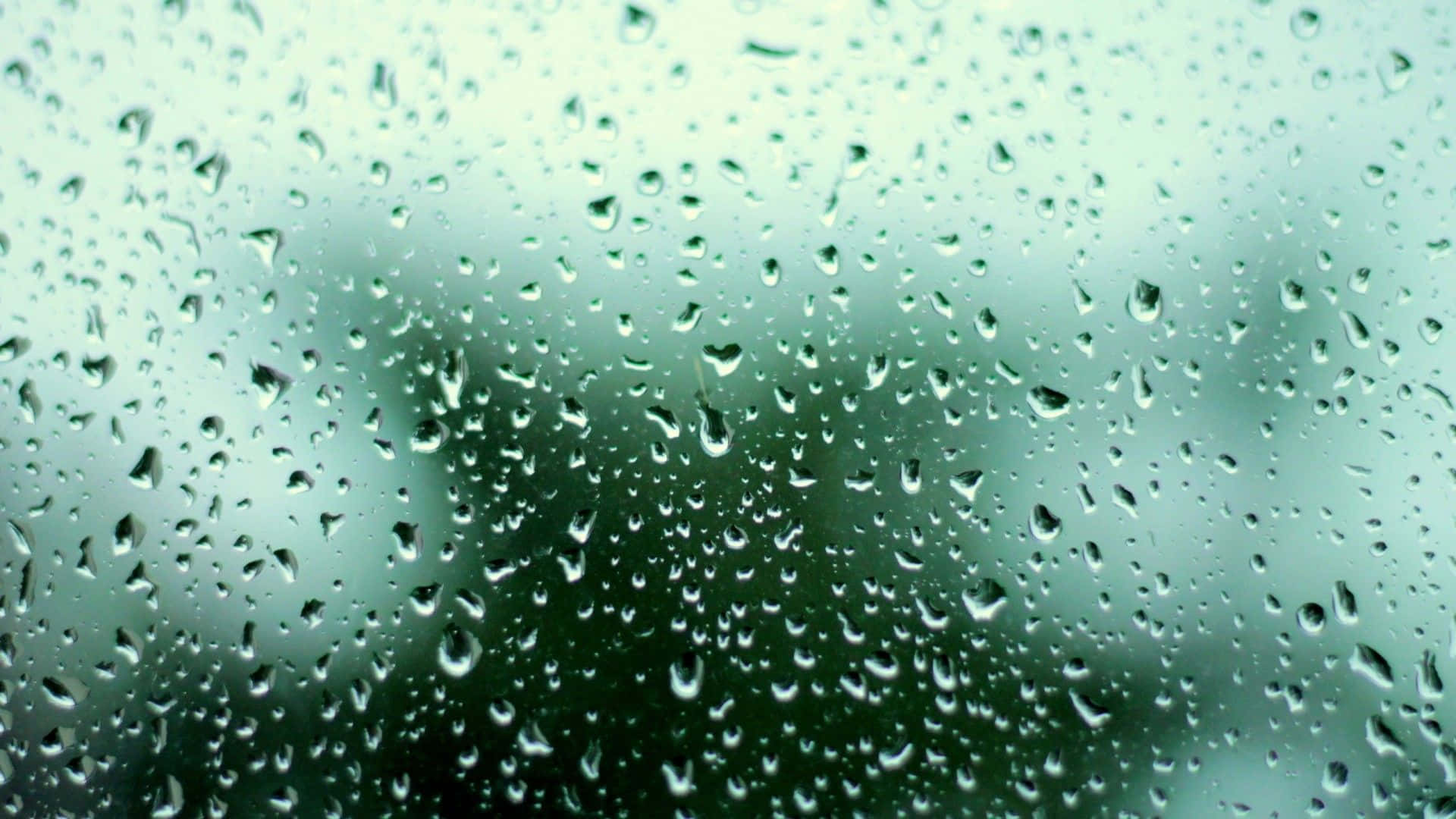 Spring Rain 桌布 壁紙 — 雨滴依附在玻璃表面，模糊了柔和的綠色和灰色戶外場景。