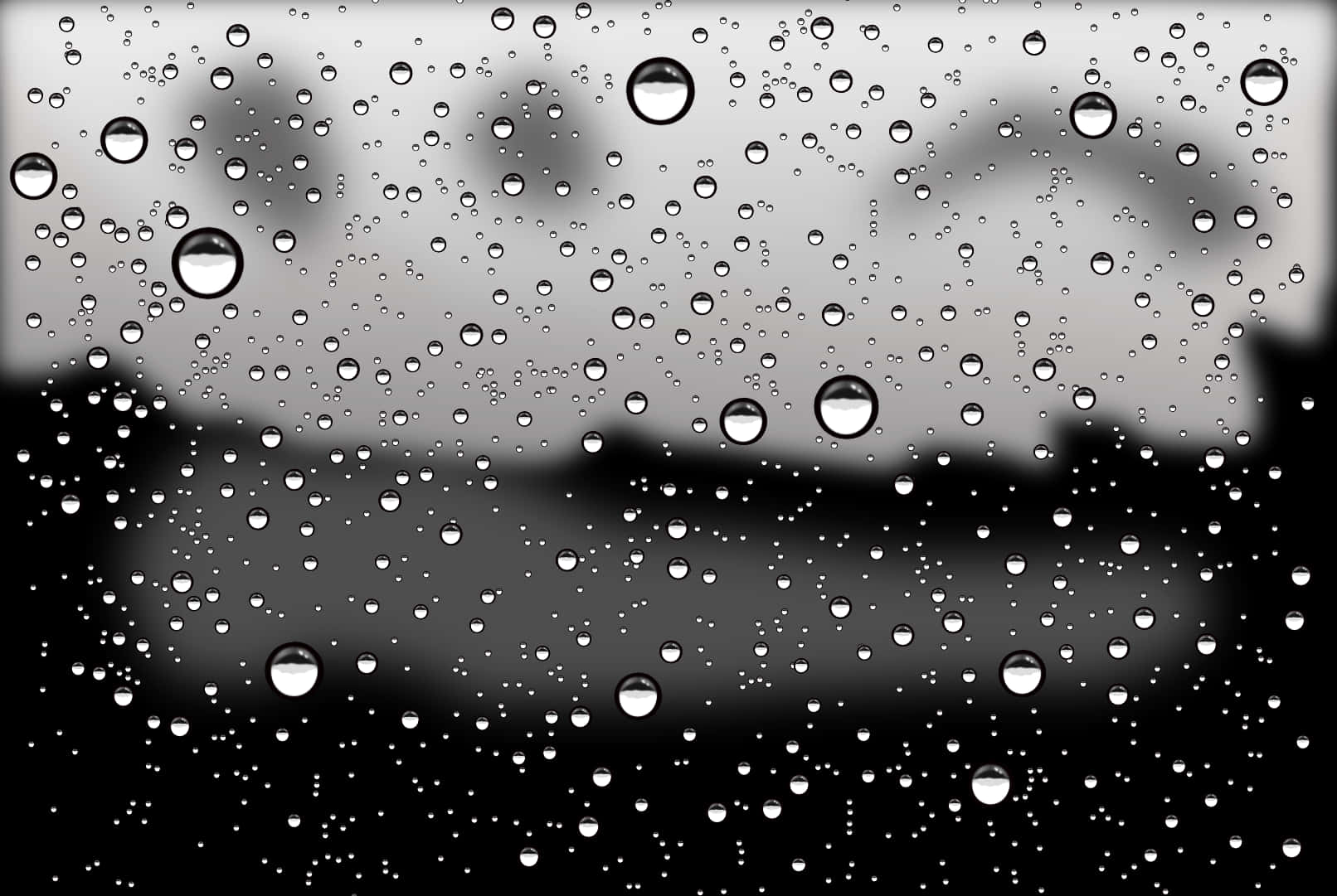 Rain Drops 桌布 壁紙 — 雨滴依附在窗戶上，顯露出陰天天空下模糊的灰階城市景觀。