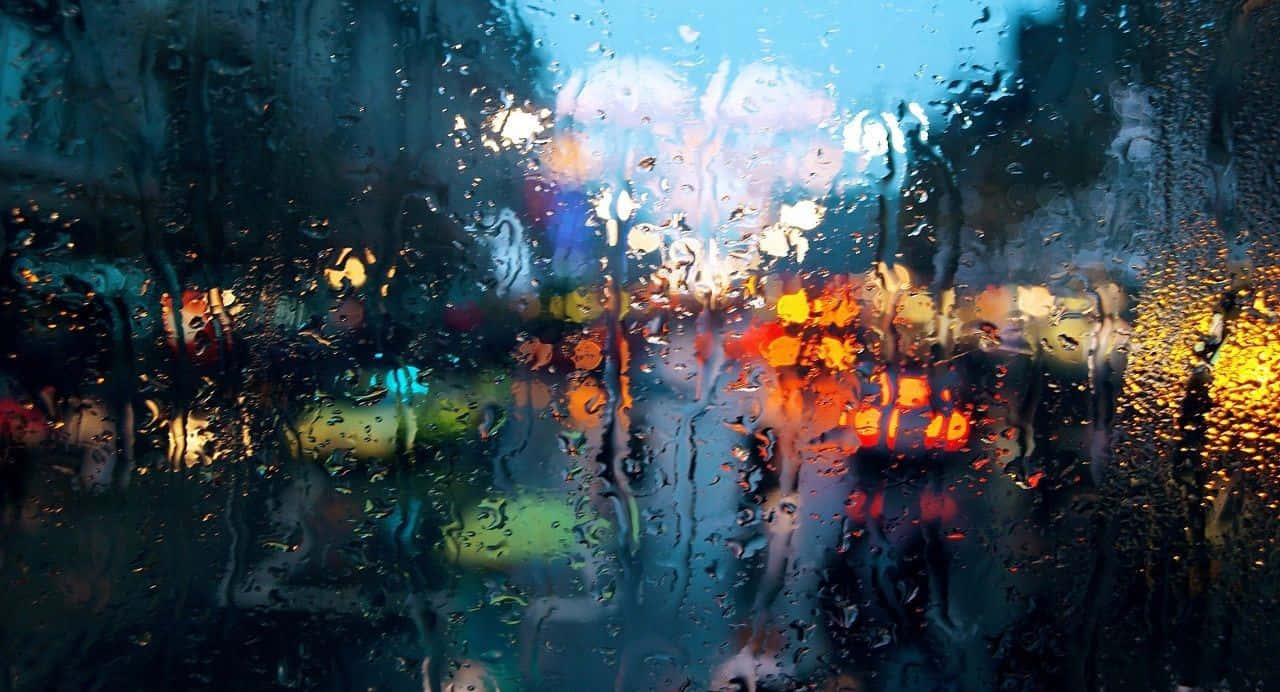 Weather 桌布 壁紙 — 雨滴劃過窗戶，將充滿活力的城市燈光模糊成發光的抽象散景。