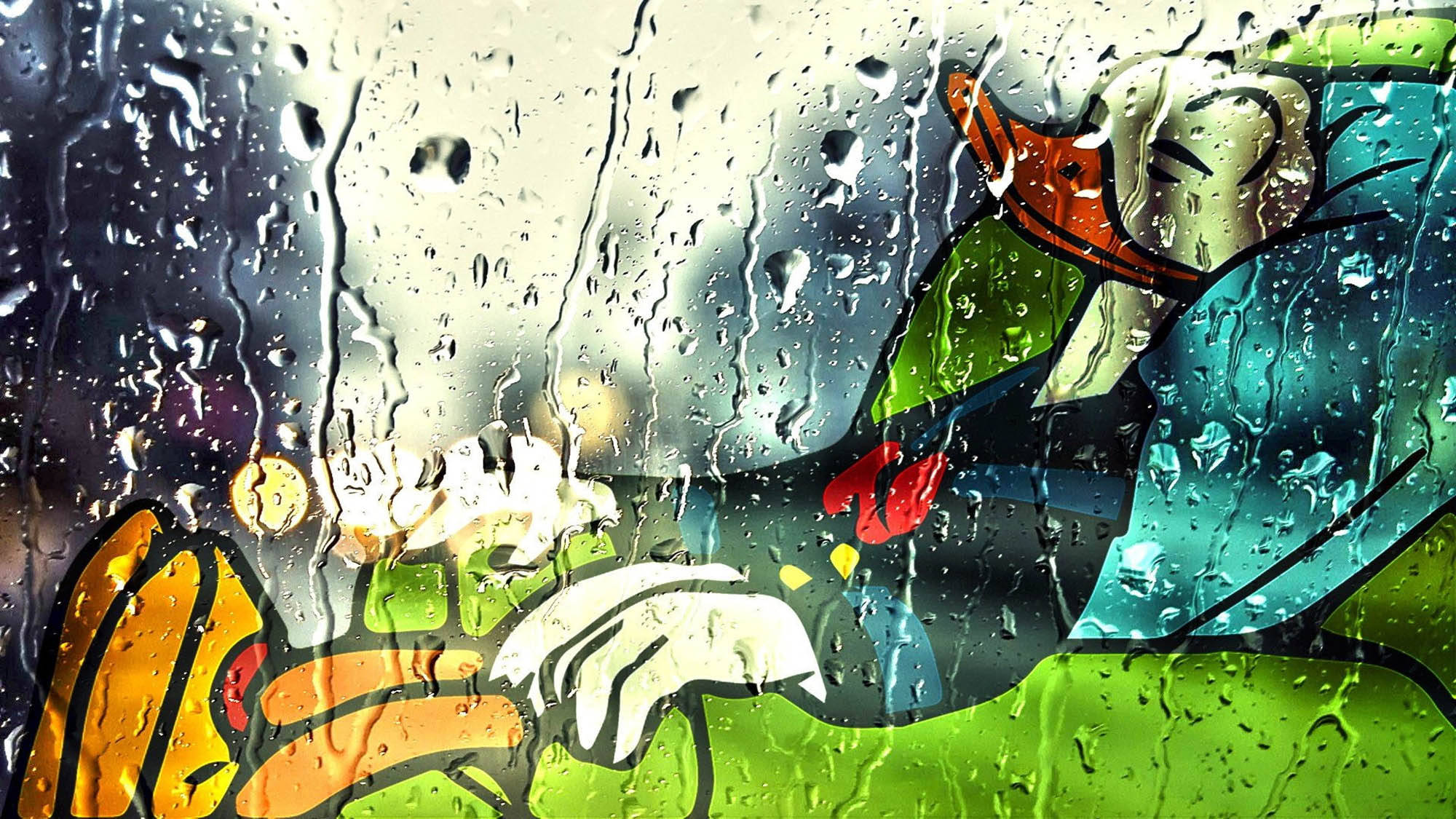 唐老鴨 桌布 壁紙 — 雨滴劃過窗戶，顯露出色彩繽紛的卡通鴨壁畫，充滿活力的綠色、藍色和橙色。