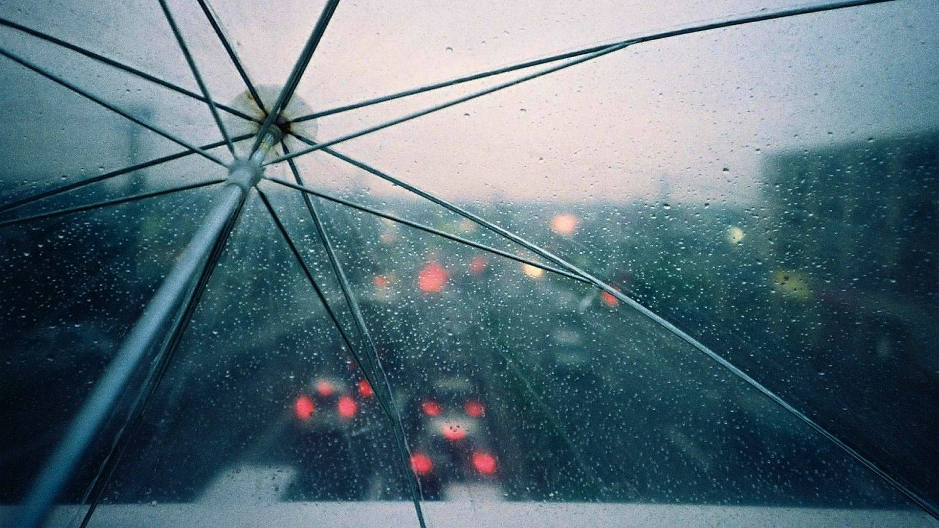 桌布 壁紙 — 雨滴劃過透明雨傘的傘面，模糊的紅色車燈在傾盆大雨中閃爍。