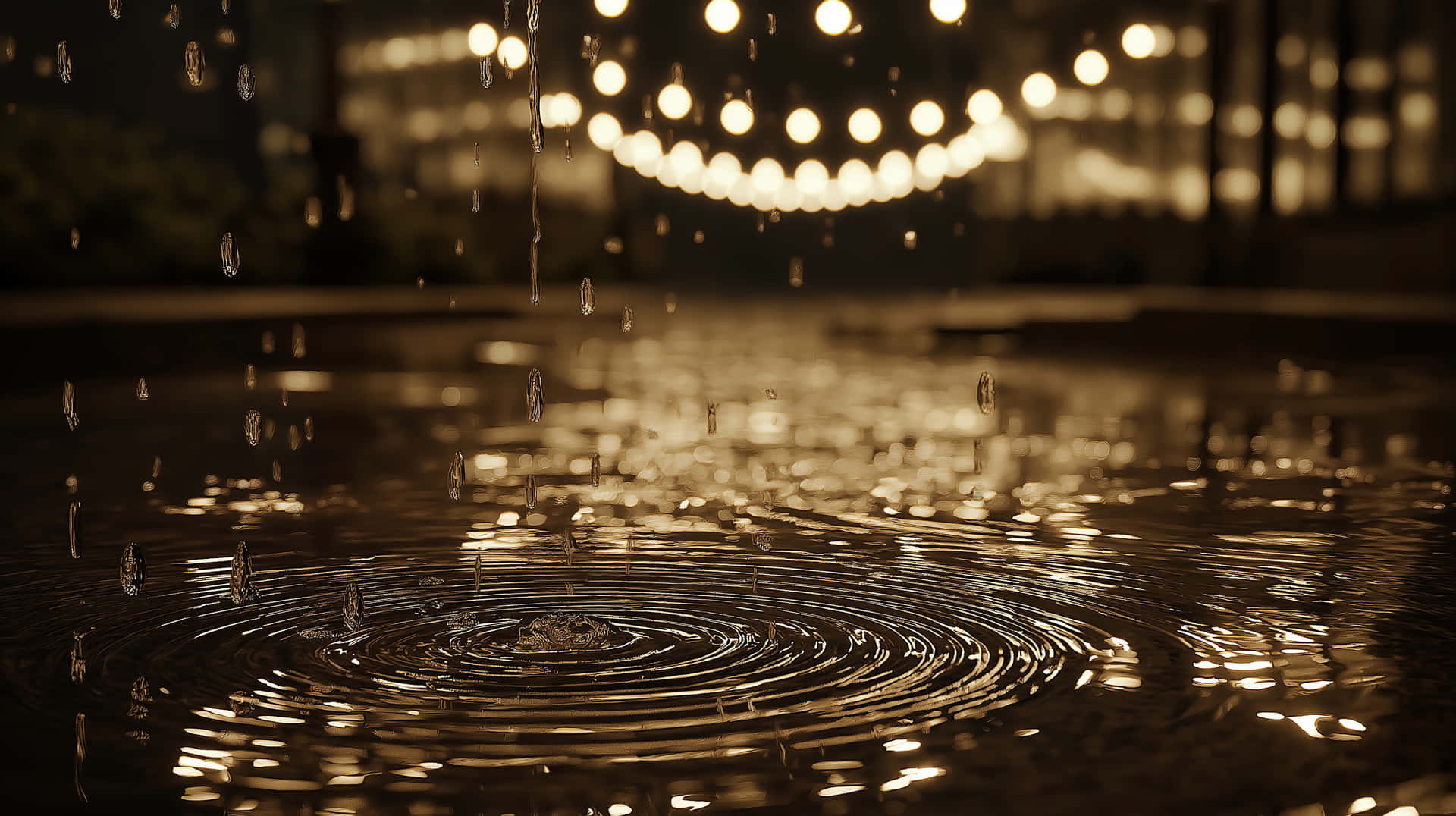 Rain Falling on Ground Creating Ripples and Golden Bokeh 壁紙 — 雨滴在濕漉漉的人行道上泛起漣漪，反射出溫暖的金色串燈，呈現柔和的散景效果。