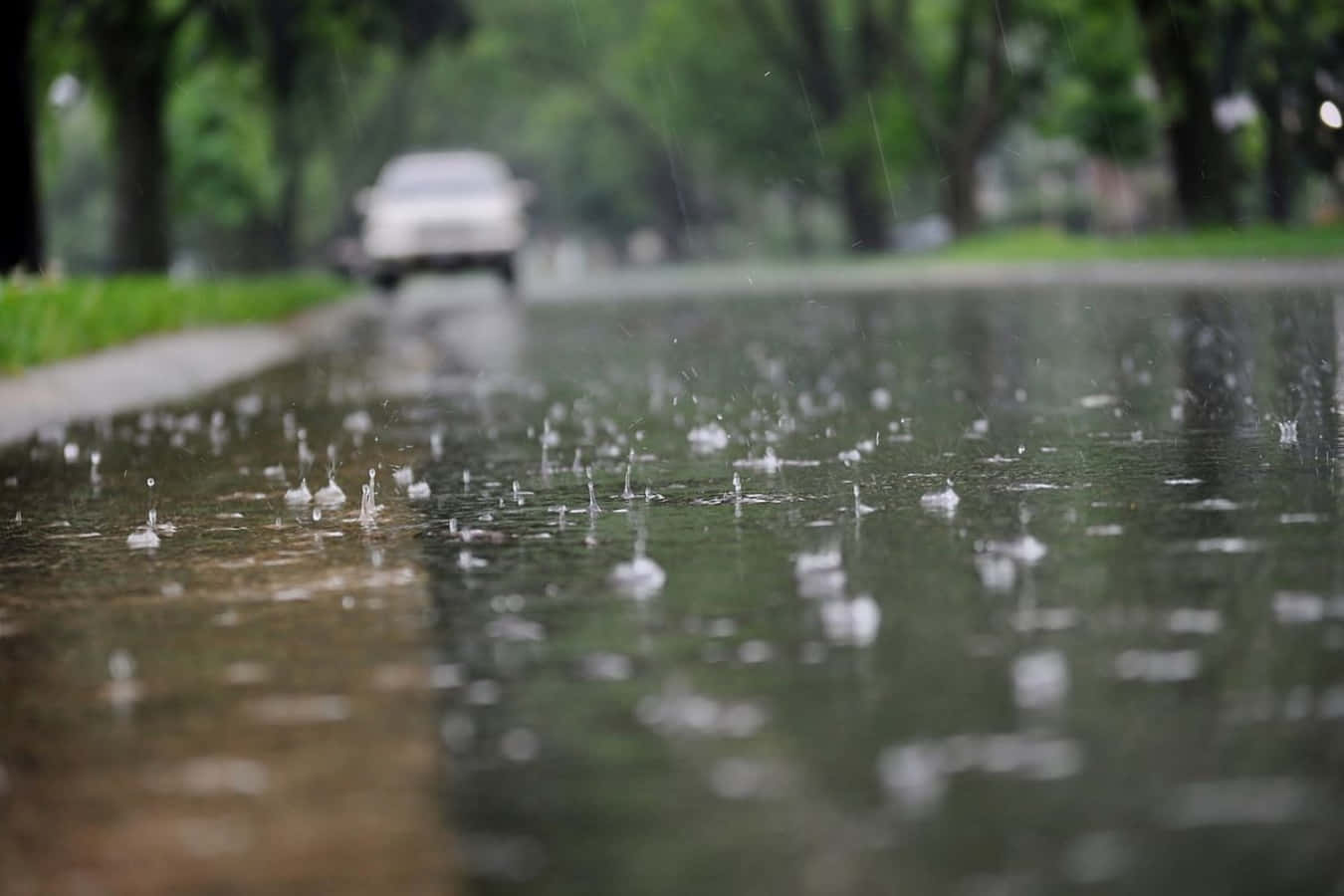 下雨 桌布 壁紙 — 雨滴在濕漉漉的瀝青路上生動地飛濺，一輛模糊的汽車穿過綠樹駛離。