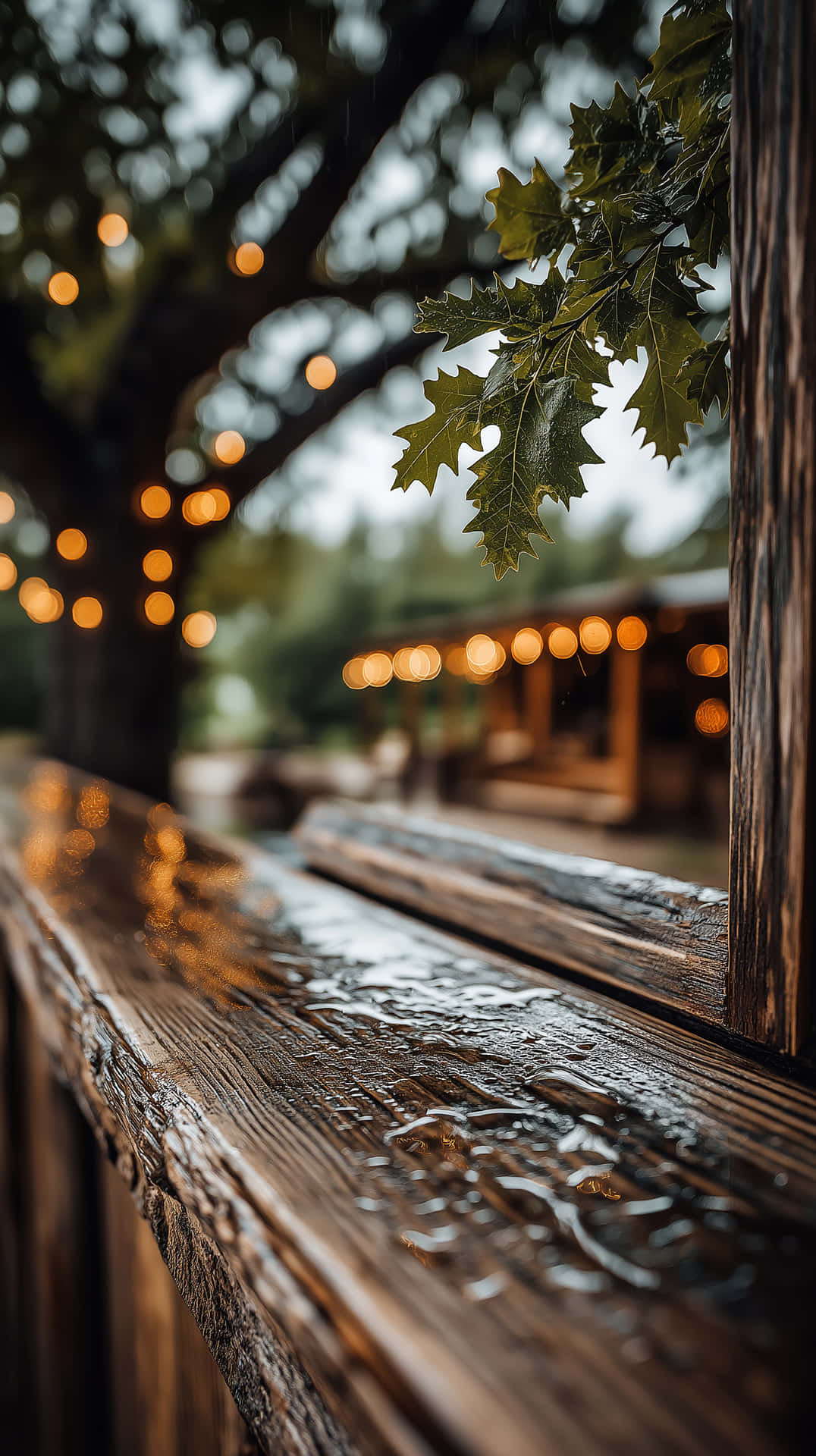 Rainy Day Charm: Wet Wooden Bench with Bokeh Lights 壁紙 — 雨滴在風化的木製欄杆上閃閃發光，背景中溫暖的散景燈光透過樹葉茂密的樹枝閃爍。