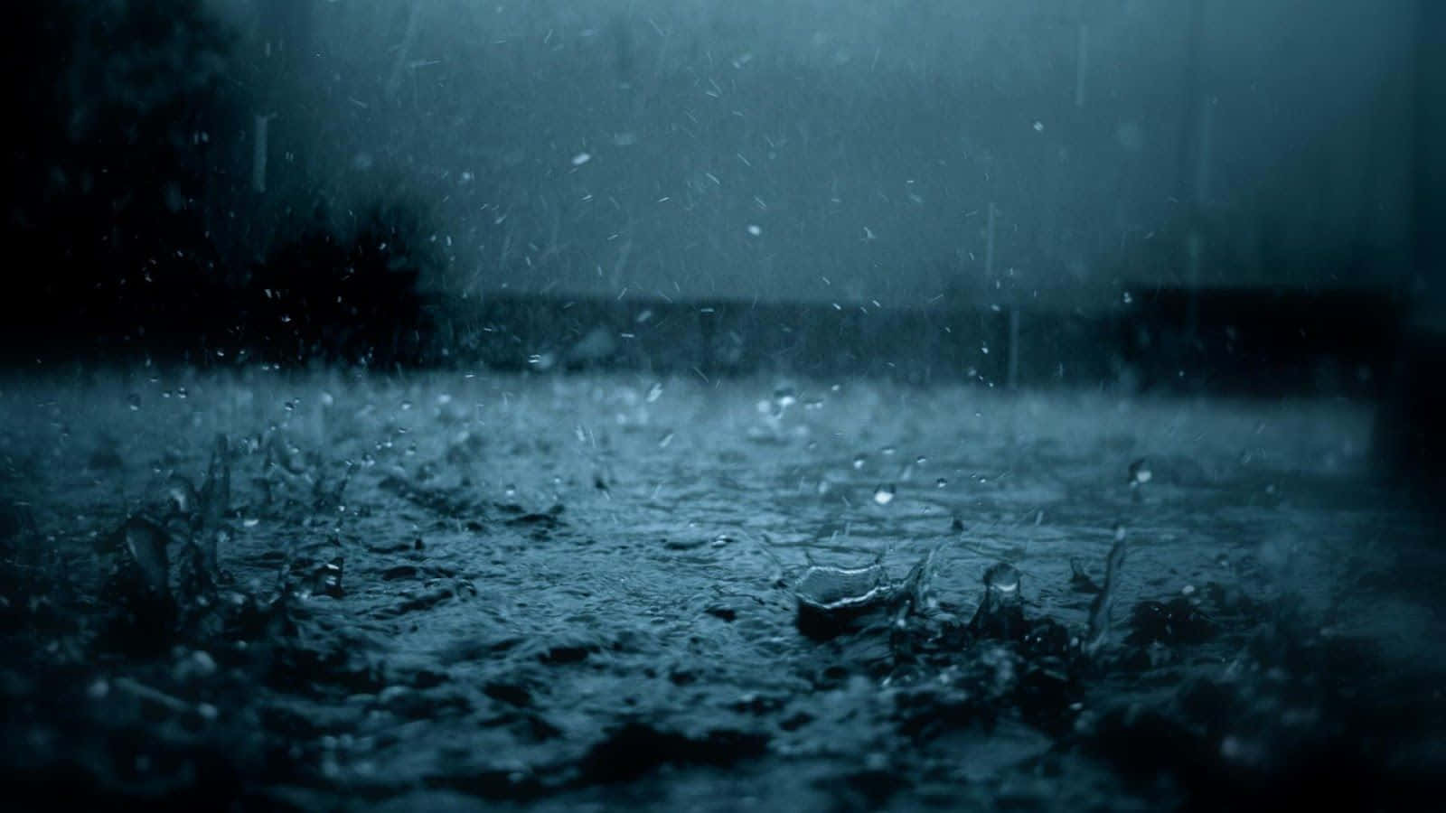 Rainy 桌布 壁紙 — 雨滴在黑暗暴風雨的天空下戲劇性地濺在潮濕的表面上，背景樹木模糊。