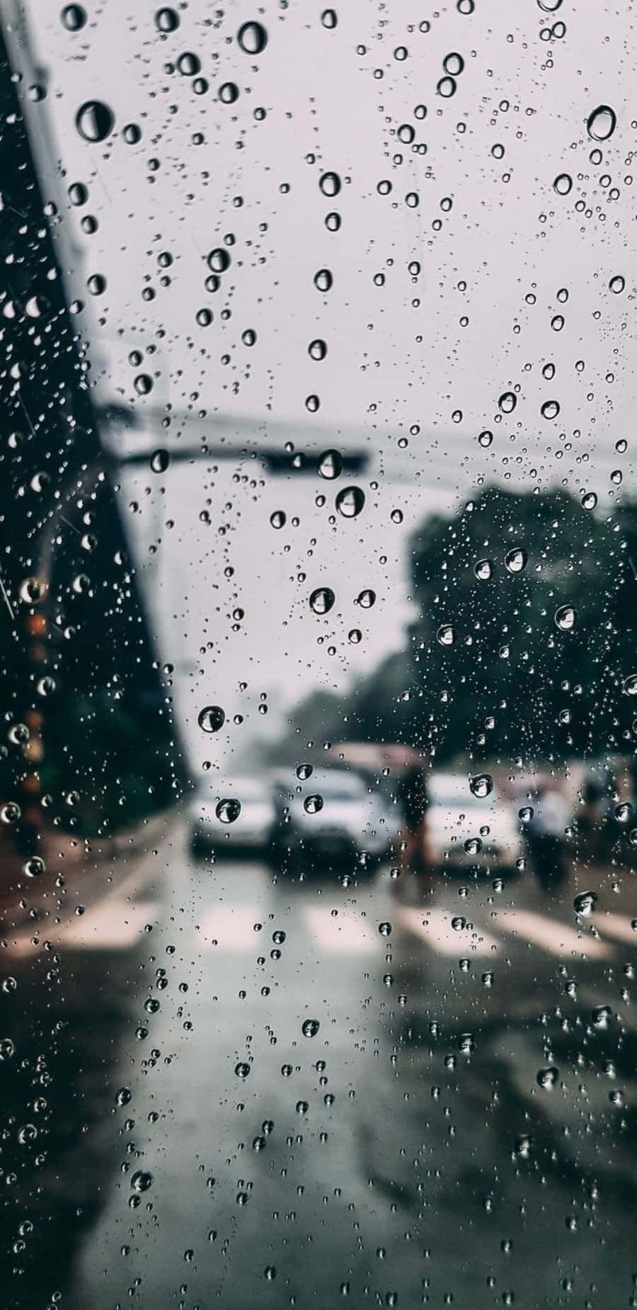 Aesthetic Rain 桌布 壁紙 — 雨滴模糊了灰色日子裡透過車窗看到的濕漉漉的街道和汽車。