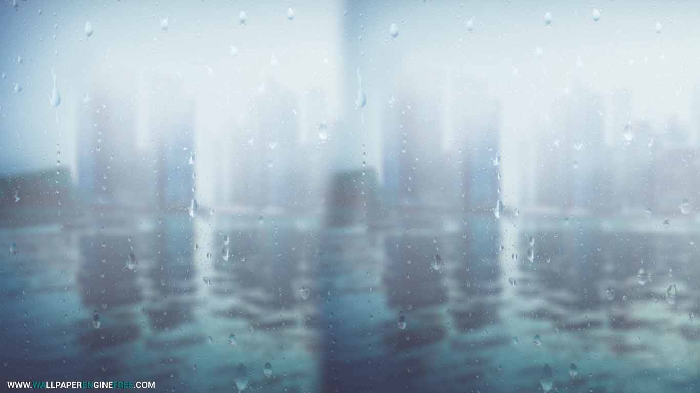 下雨 桌布 壁紙 — 雨滴沿窗戶流下，透過霧氣玻璃顯現模糊的城市天際線。