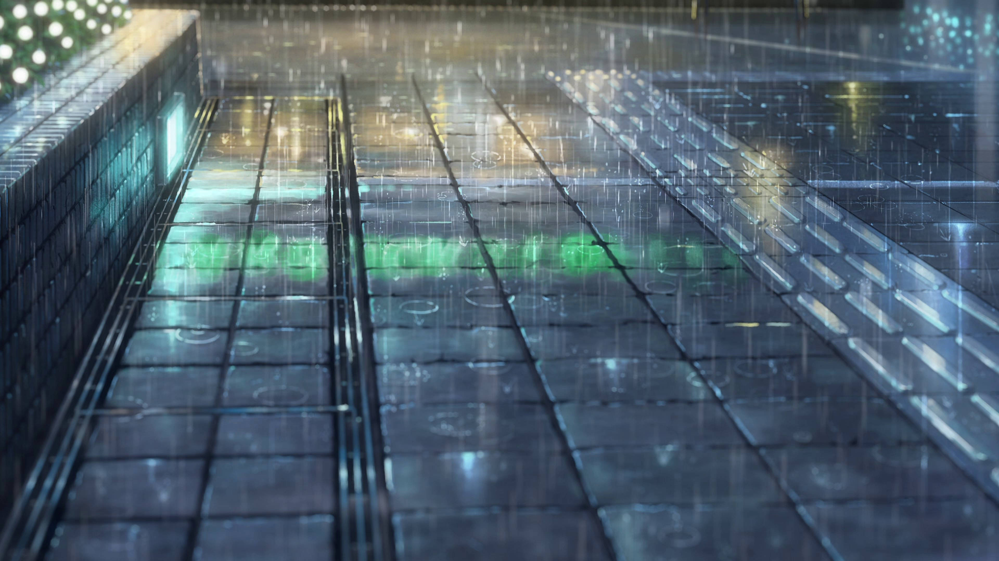 Your Name 桌布 壁紙 — 雨滴沿著光亮的瓷磚城市步道傾瀉而下，反射著霓虹燈和發光的綠色標誌。