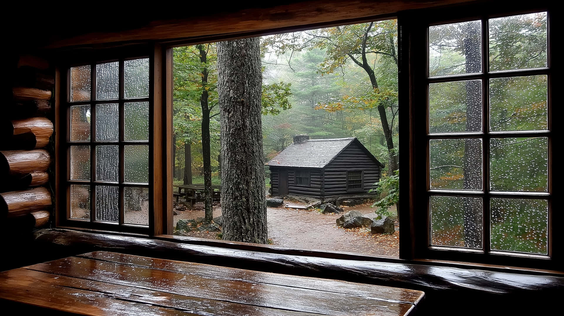 Rainy Cabin View: Rustic Window Overlooking Forest Lodge 壁紙 — 雨滴沿著木窗玻璃流下，顯露出霧氣瀰漫的森林和遠處的小木屋。