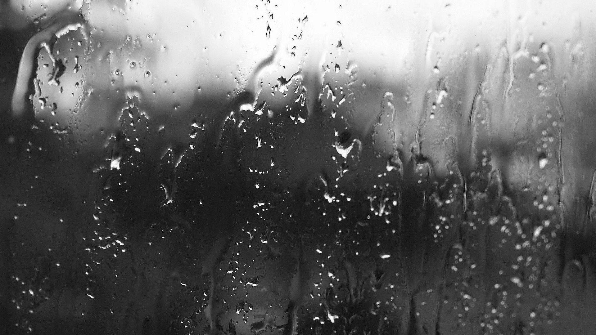 Rainy Day 桌布 壁紙 — 雨滴沿著玻璃窗流下，營造出光與影的憂鬱單色模糊效果。