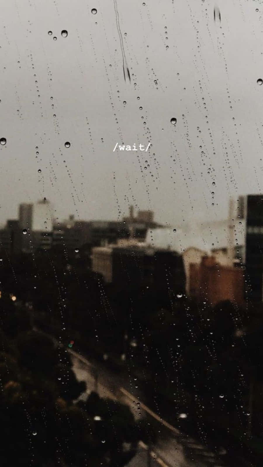 Aesthetic Rain 桌布 壁紙 — 雨滴沿著窗戶流下，窗外是灰色天空下模糊的城市景觀，中央有 /wait/ 文字。