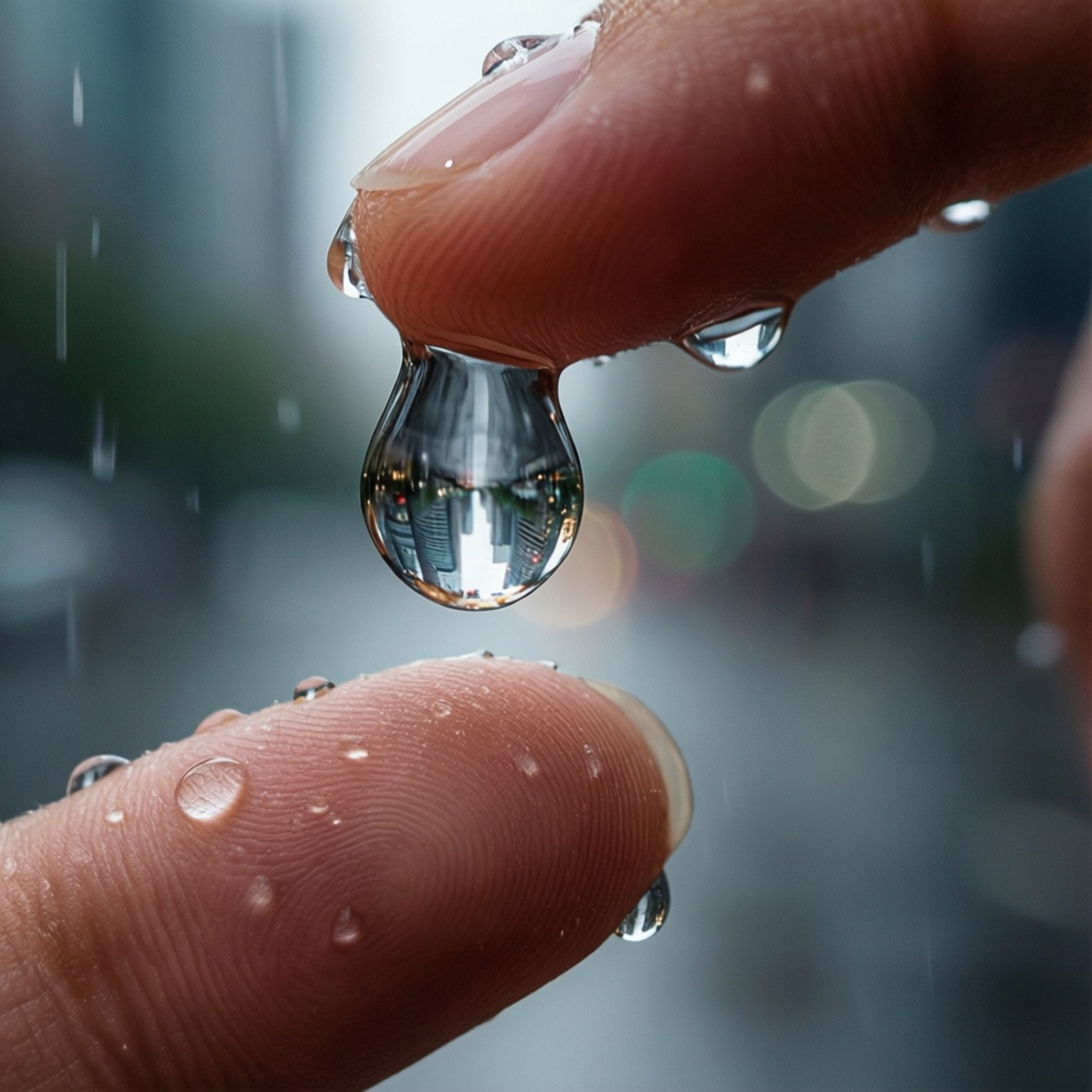 雨滴輕觸 壁紙 — 兩指之間懸掛著一滴雨珠的特寫，反射出模糊的城市景觀和閃爍的燈光。