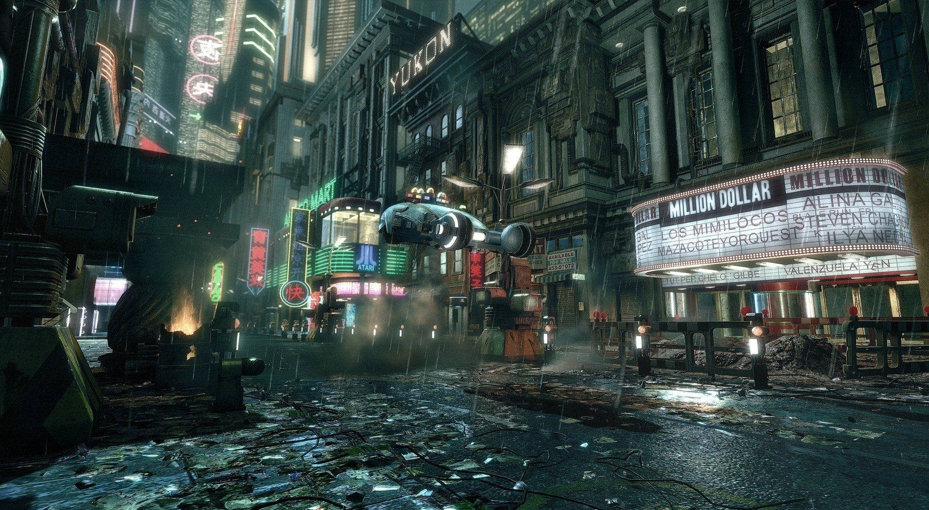 blade 桌布 壁紙 — 雨濕的 cyberpunk 城市街道，夜晚霓虹燈在破舊建築上閃爍，一輛飛行車輛懸浮在廢墟上方。