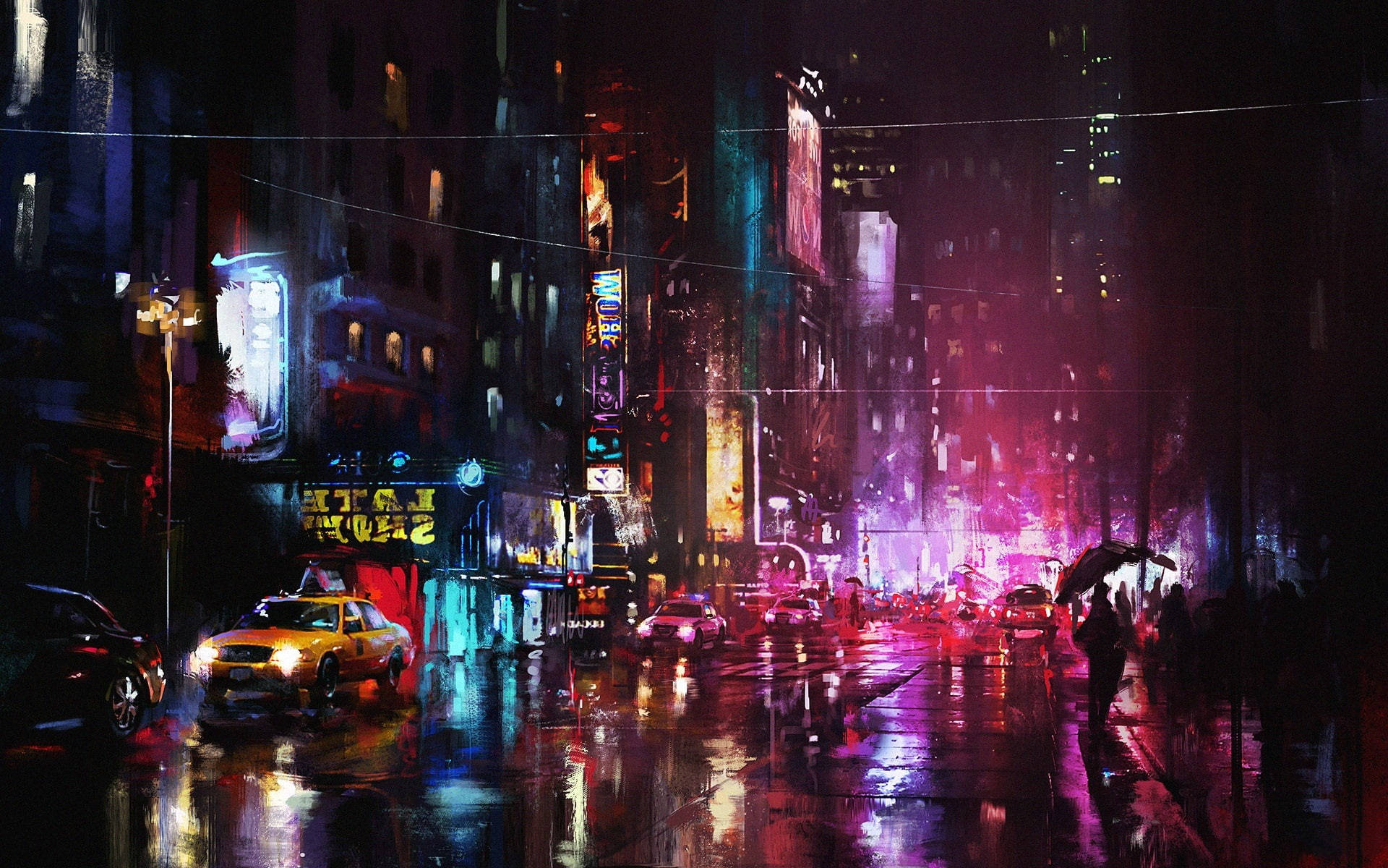 X 桌布 壁紙 — 雨濕的夜晚城市街道，在高聳建築物下的濕漉漉路面上閃爍著霓虹燈的倒影。