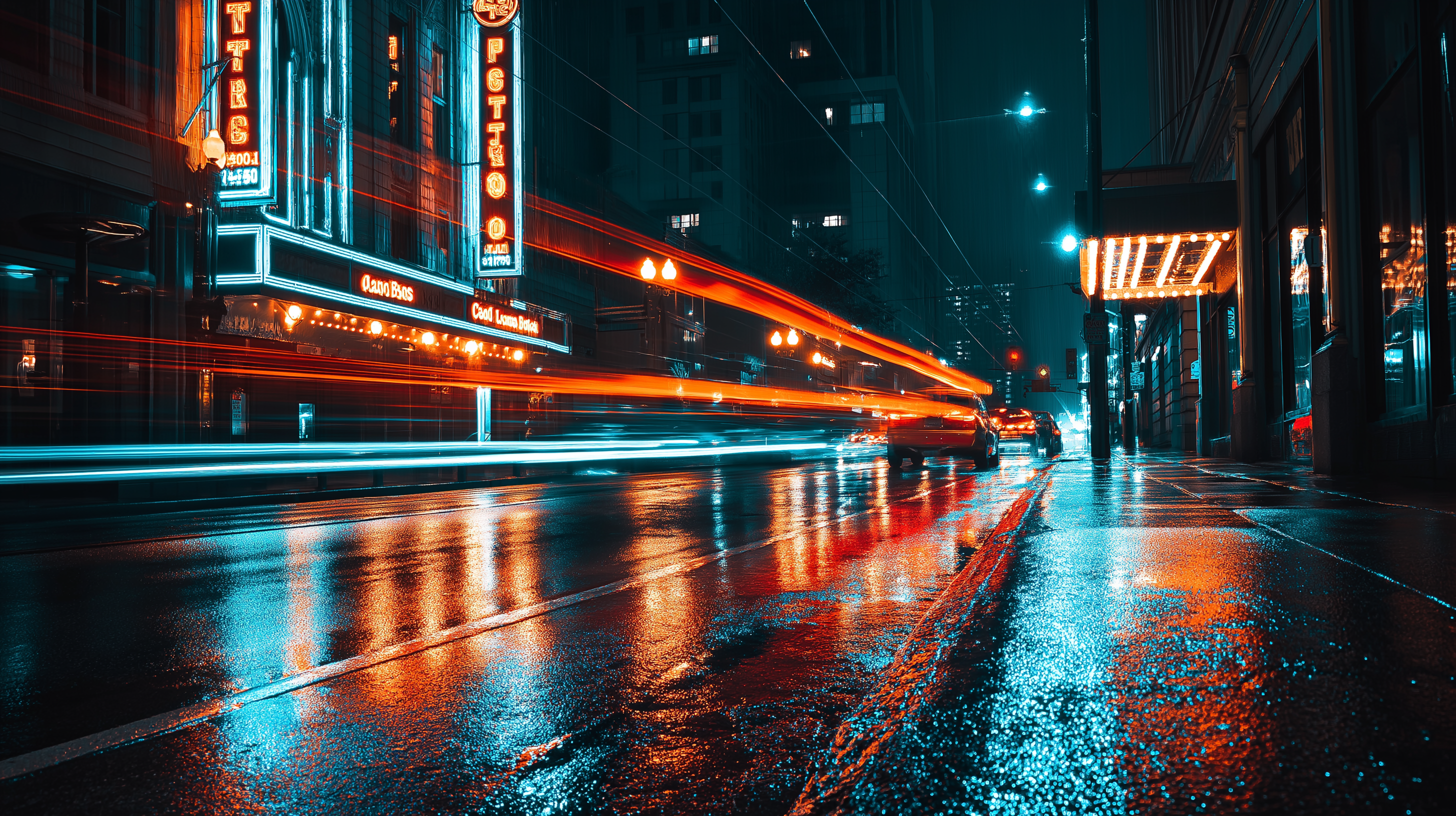 Urban 桌布 壁紙 — 雨濕的夜晚城市街道，霓虹燈招牌和來往車輛的紅、藍、白光條閃爍。