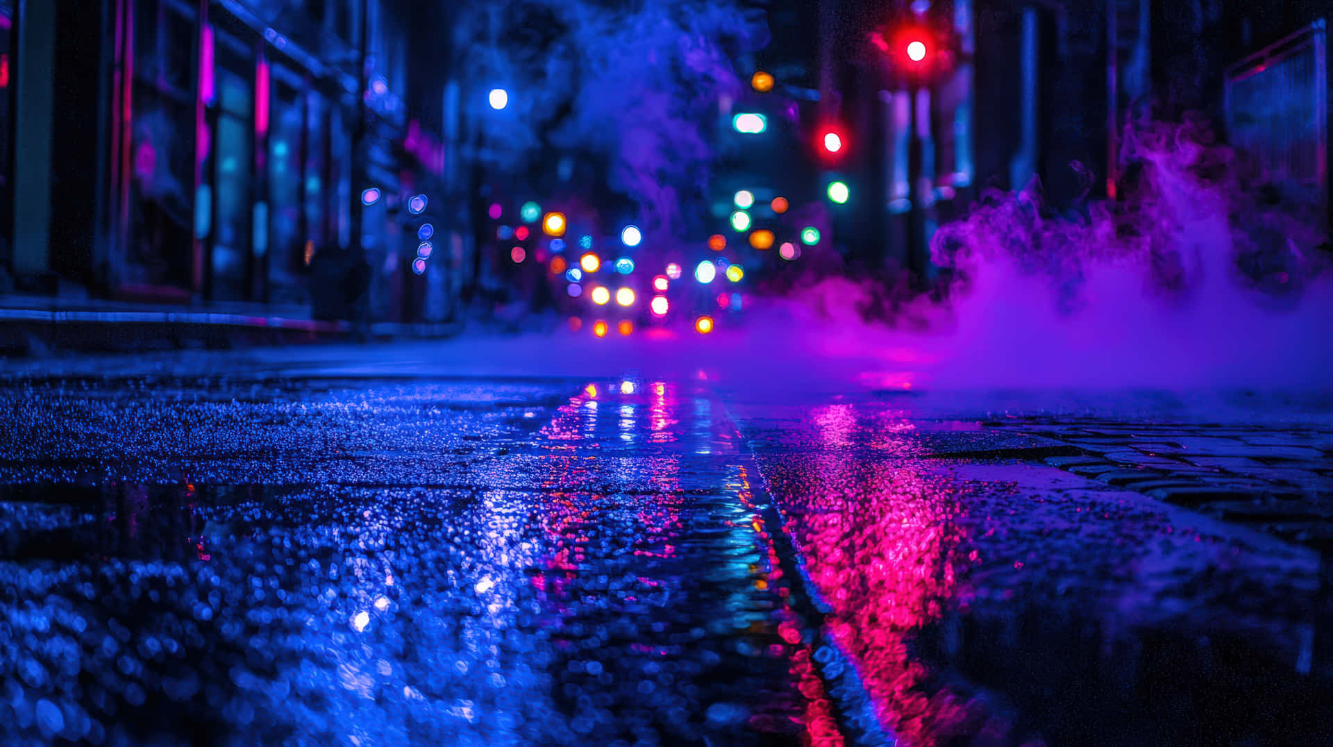 A cinematic view of neon lights reflecting on wet pavement during a rainy night in a city 壁紙 — 雨濕的夜晚城市街道反射出霓虹燈和發光的交通信號，呈現鮮豔的藍色和粉紅色。