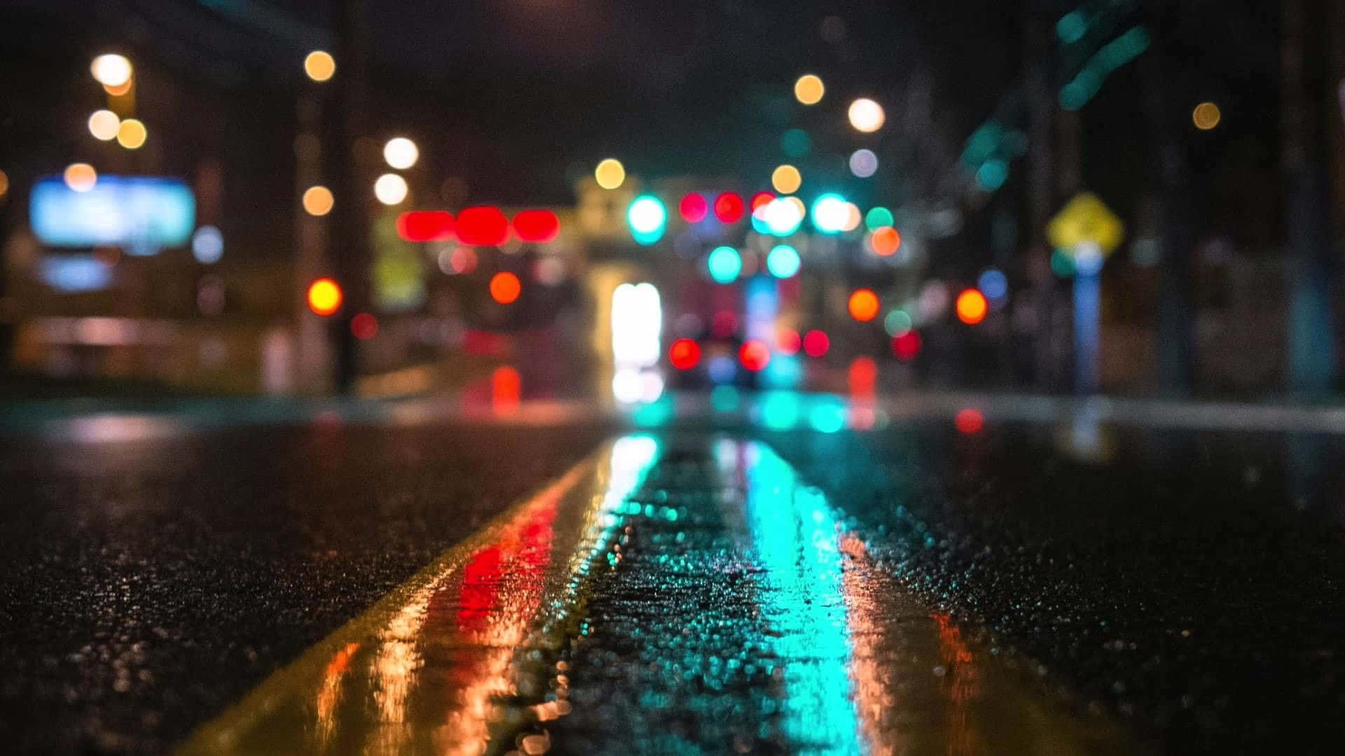 Chill 桌布 壁紙 — 雨濕的夜間城市街道，濕漉漉的瀝青和黃色中心線上反射著發光的散景燈光。
