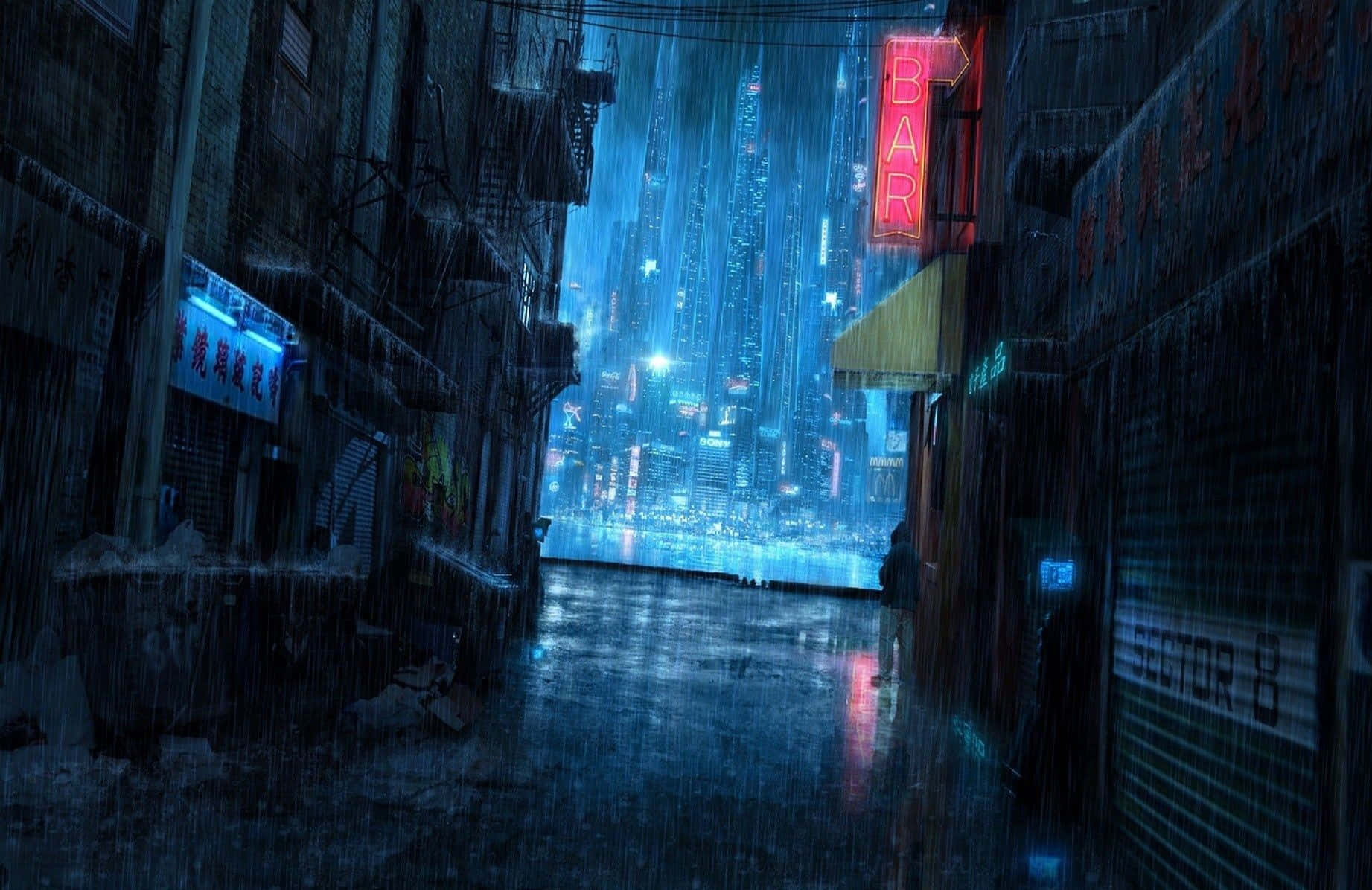 Alley 桌布 壁紙 — 雨濕的小巷在夜晚展現出霓虹燈照亮的未來城市景觀，透過濕漉漉的人行道反射閃耀。