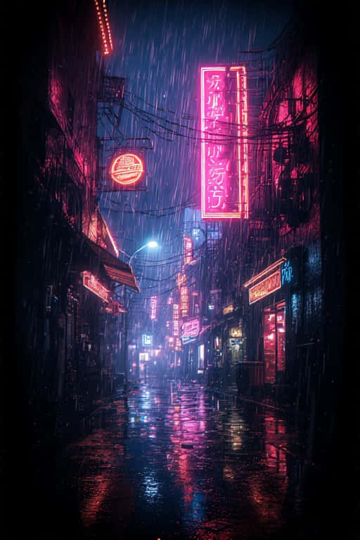 Rainy Neon Lit Alleyway at Night Surreal 8K 壁紙 — 雨濕的小巷在夜晚被發光的粉紅色和藍色霓虹燈招牌照亮，反射在濕漉漉的路面上。