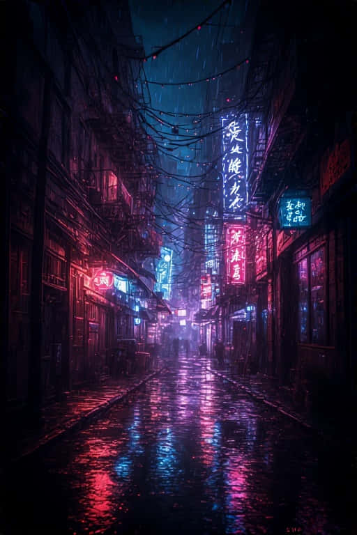 Rainy Neon Lit Alleyway at Night Surreal 8K 壁紙 — 雨濕的小巷在黑暗的天空下，霓虹燈招牌在濕漉漉的路面上閃爍倒影。