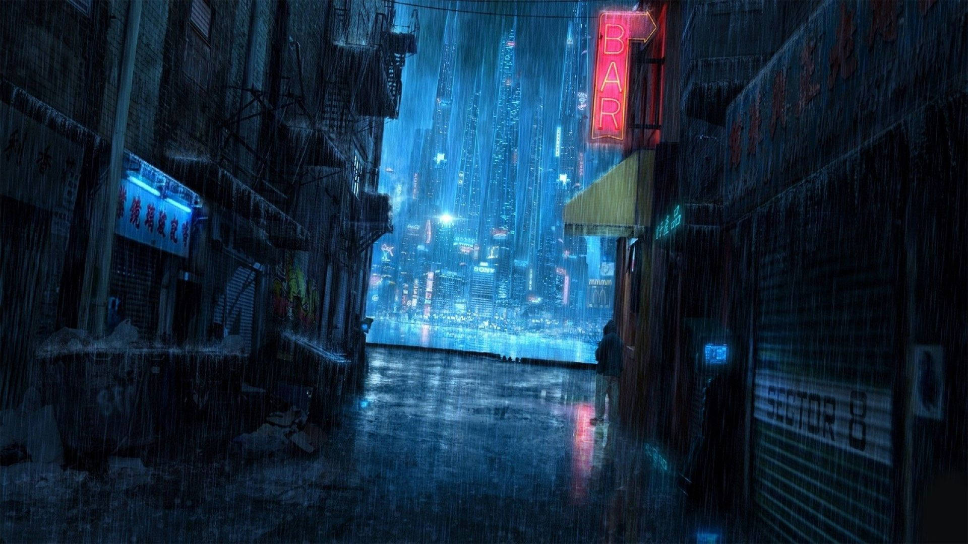 電馭叛客2077 桌布 壁紙 — 雨濕的小巷通向一個發光的霓虹燈賽博朋克城市景觀，帶有紅色酒吧標誌和潮濕的反光街道。