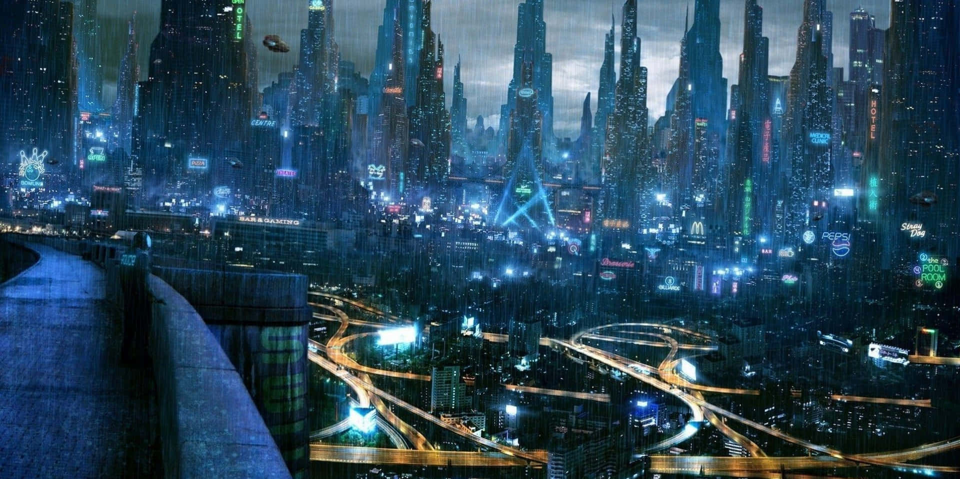Future 桌布 壁紙 — 雨濕的未來城市夜景，高聳的霓虹燈摩天大樓和發光的高速公路。