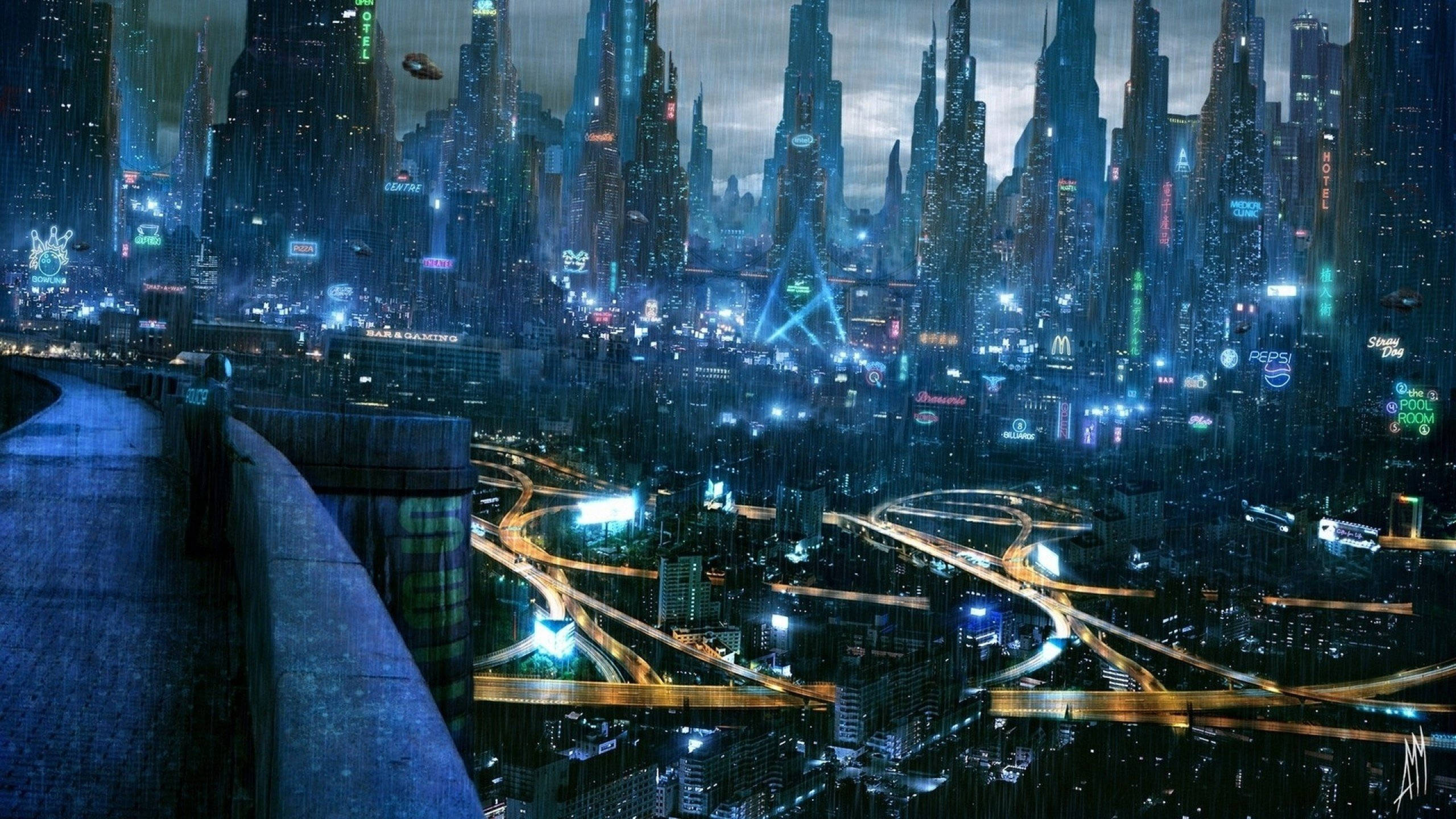 電馭叛客2077 桌布 壁紙 — 雨濕的未來城市夜景，高聳的霓虹燈摩天大樓和下方發光的高速公路。