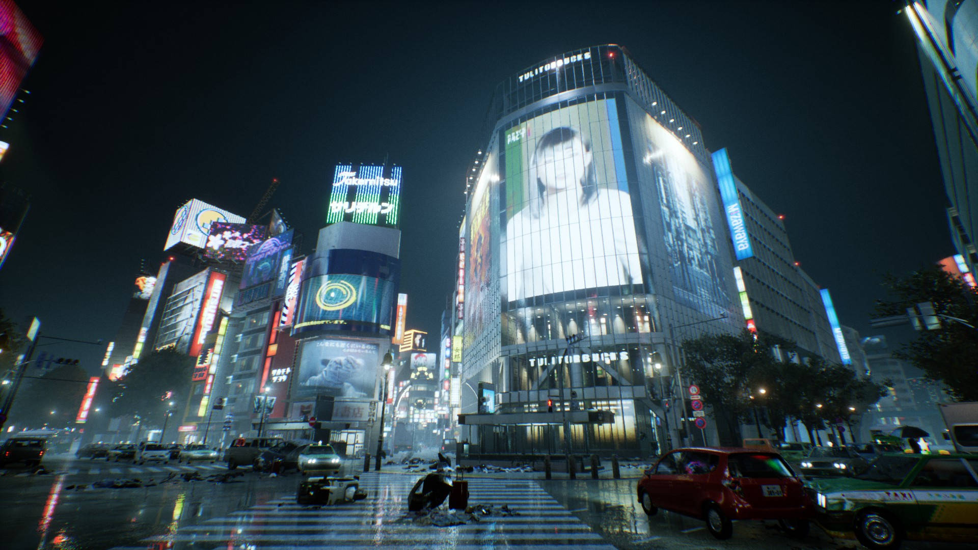 Ghostwire Tokyo 桌布 壁紙 — 雨濕的東京夜晚街道，霓虹燈閃爍，高聳的廣告看板和發光的廣告在濕漉漉的人行道上反射。