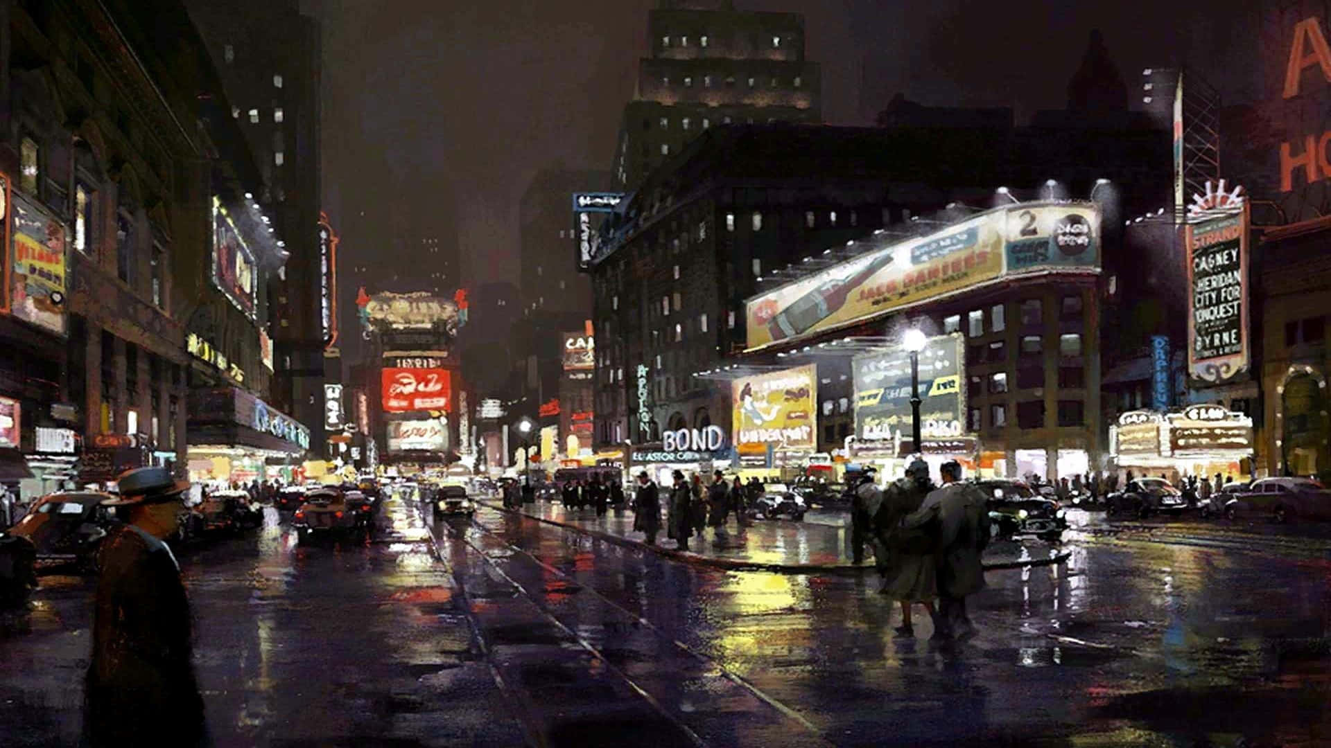電玩遊戲 桌布 壁紙 — 雨濕的紐約市夜晚街道，霓虹燈招牌閃爍，在濕漉漉的路面上映出倒影。