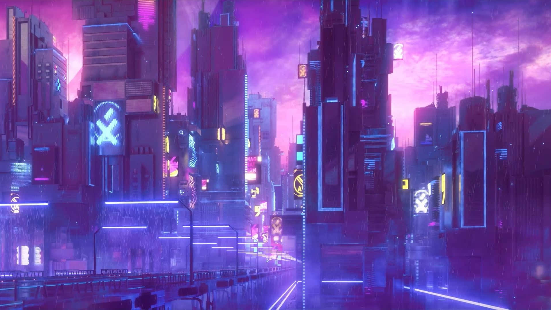 Futuristic City 桌布 壁紙 — 雨濕的賽博龐克城市景觀，黃昏時分，高聳的霓虹燈摩天大樓在暴風雨的天空下發出紫色和藍色的光芒。