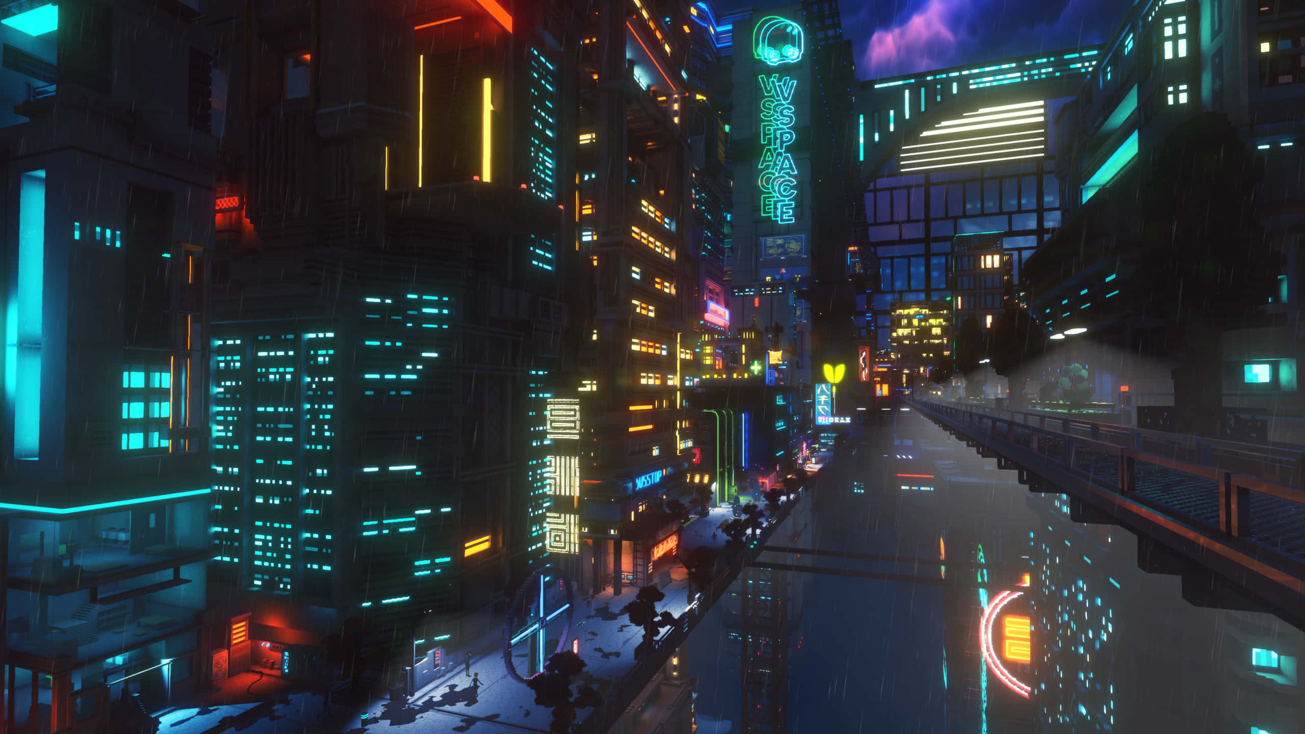 Futuristic City 桌布 壁紙 — 雨濕的賽博龐克城市街道，夜晚高聳的霓虹燈摩天大樓倒映在濕漉漉的路面上。