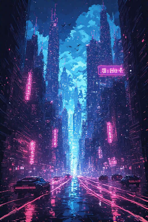 夜晚的未來城市街道，霓虹燈光在高聳建築物之間的濕漉漉的人行道上反射。 — 賽博龐克 壁紙