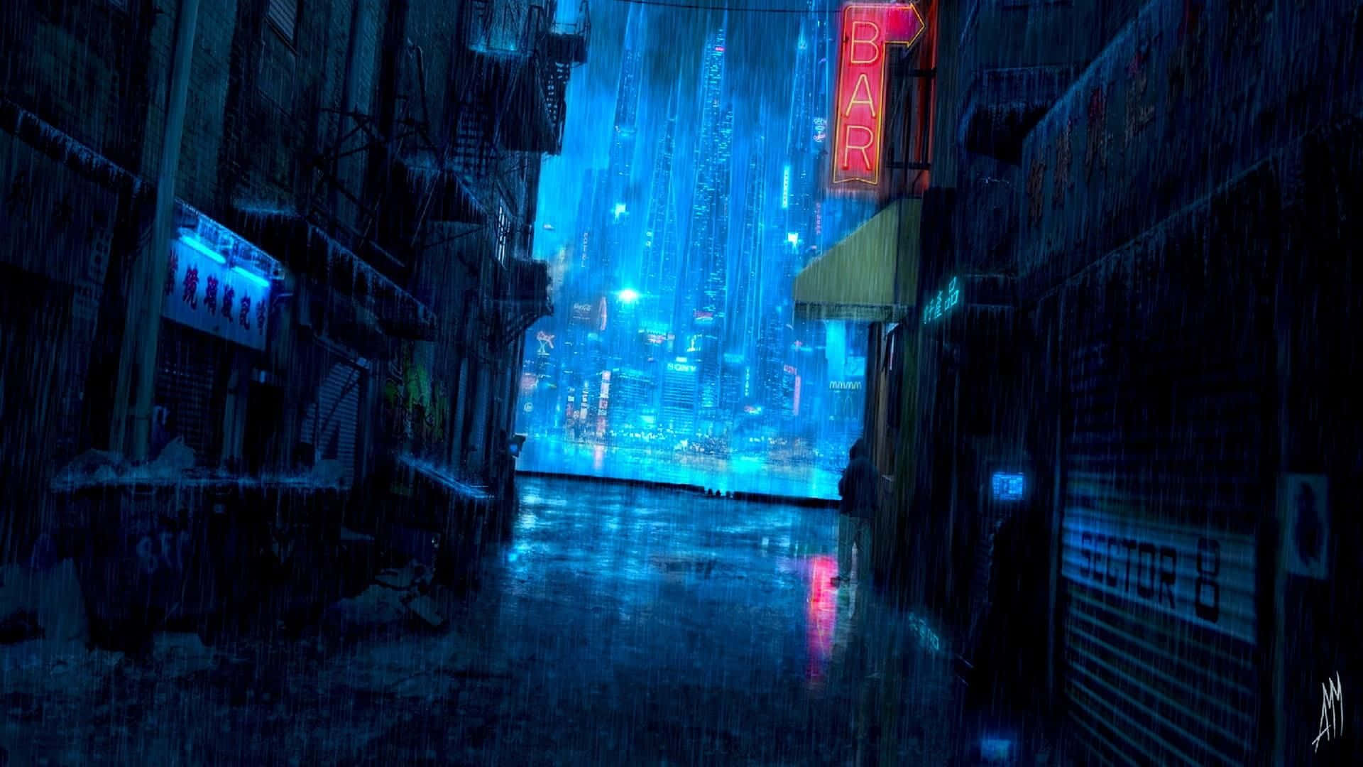Rain Anime 桌布 壁紙 — 雨濕的霓虹小巷通向黑暗天空下閃爍的未來城市景觀。