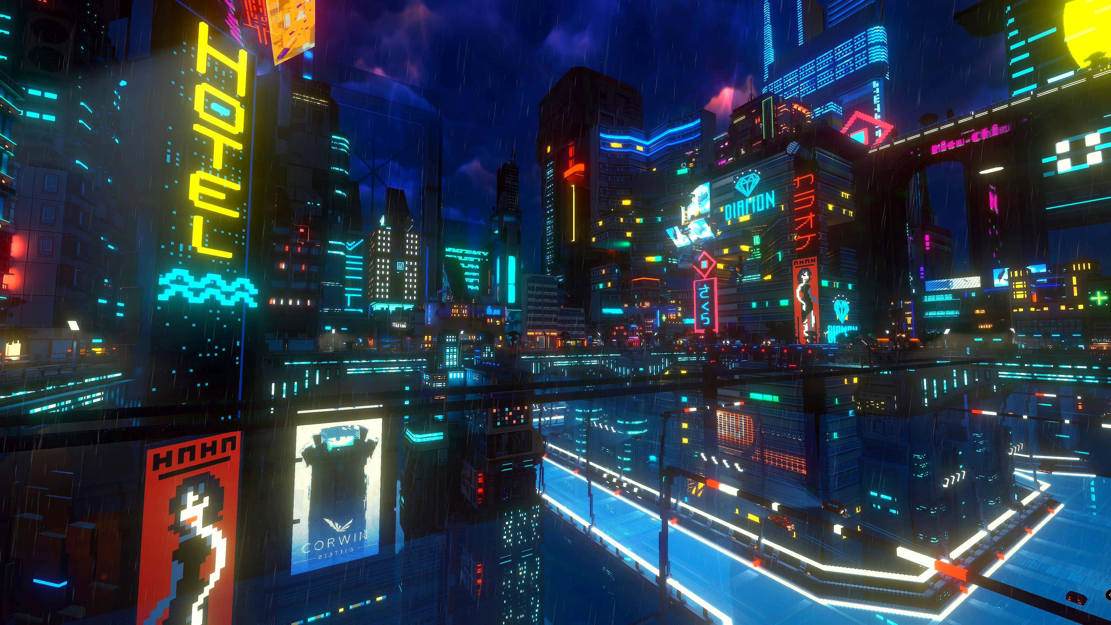 Cyberpunk Laptop 桌布 壁紙 — 雨濕的霓虹燈光 cyberpunk 城市夜景，高聳建築物和發光數位廣告牌在濕漉漉的街道上反射。