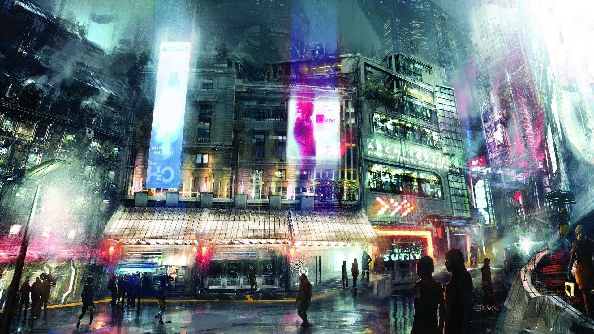 日本 桌布 壁紙 — 雨濕的霓虹燈光 cyberpunk 街道，高聳的建築物和發光的廣告牌在濕漉漉的路面上反射。