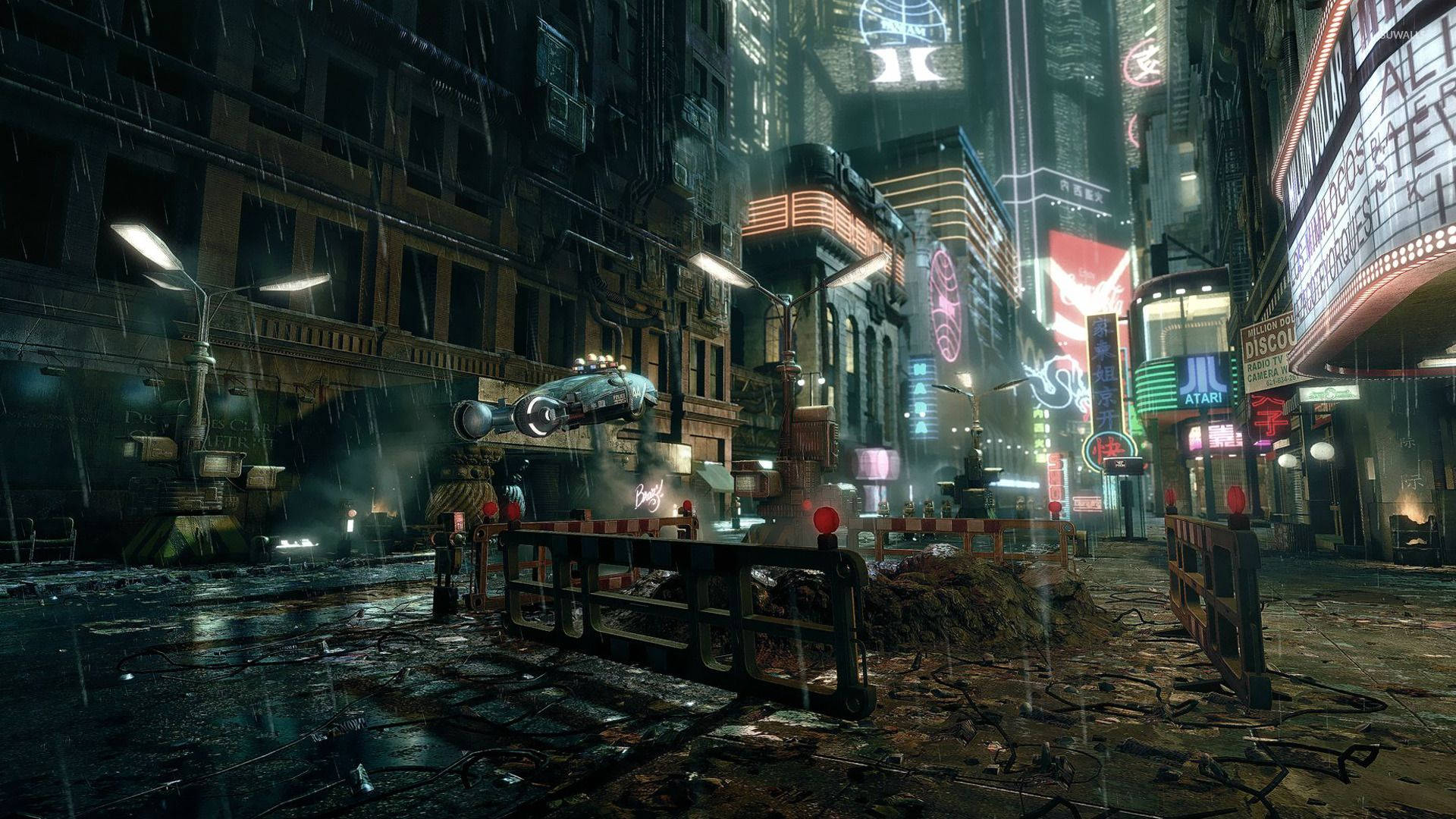 blade 桌布 壁紙 — 雨濕的霓虹燈光 cyberpunk 城市街道，夜晚有懸浮車輛和發光廣告牌。