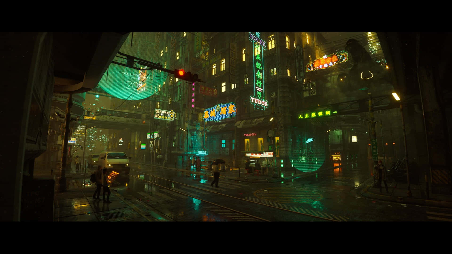 3d City 桌布 壁紙 — 雨濕的霓虹燈光 cyberpunk 街道夜景，潮濕路面反射著發光招牌和行人。