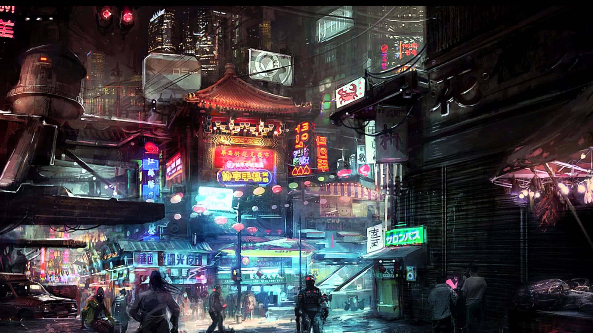 桌布 壁紙 — 雨濕的霓虹燈光 cyberpunk 街道，夜晚有發光招牌和行人，背景是高聳的城市景觀。