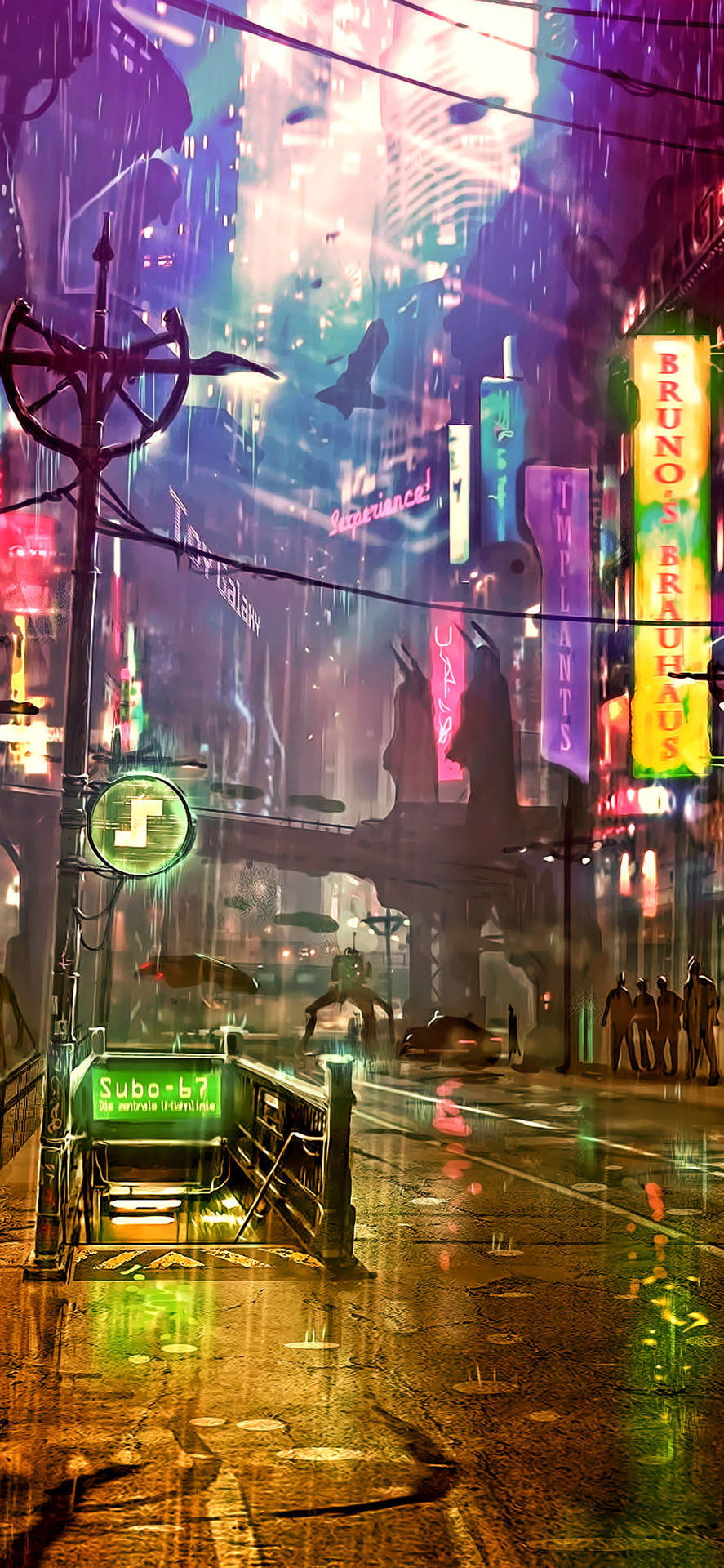 未來城市夜晚街道，帶有霓虹燈和雨反射。