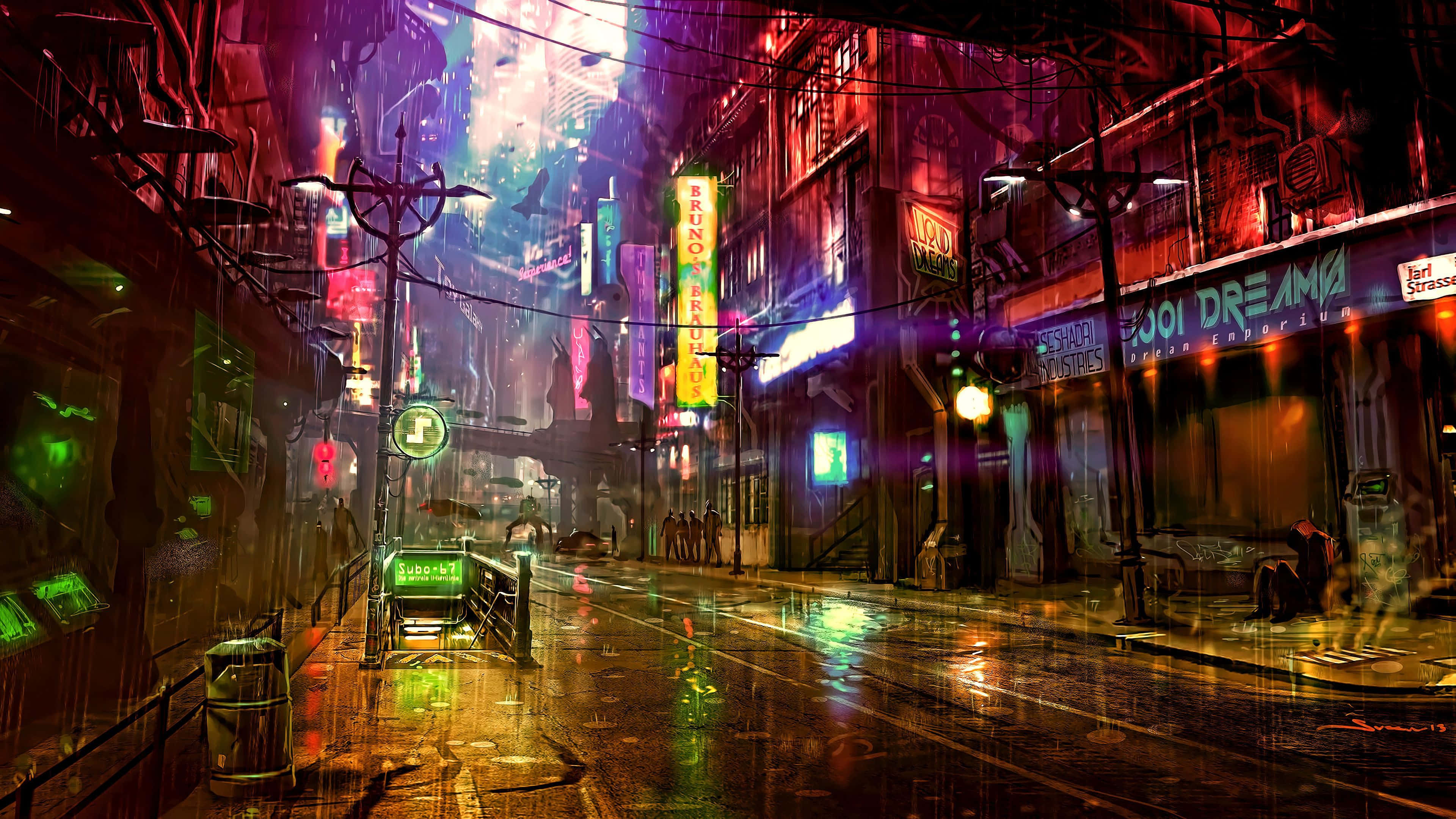 Cyberpunk Aesthetic 桌布 壁紙 — 雨濕的霓虹燈光 cyberpunk 小巷在黑暗的天空下反射出發光的招牌和滴水的電線。