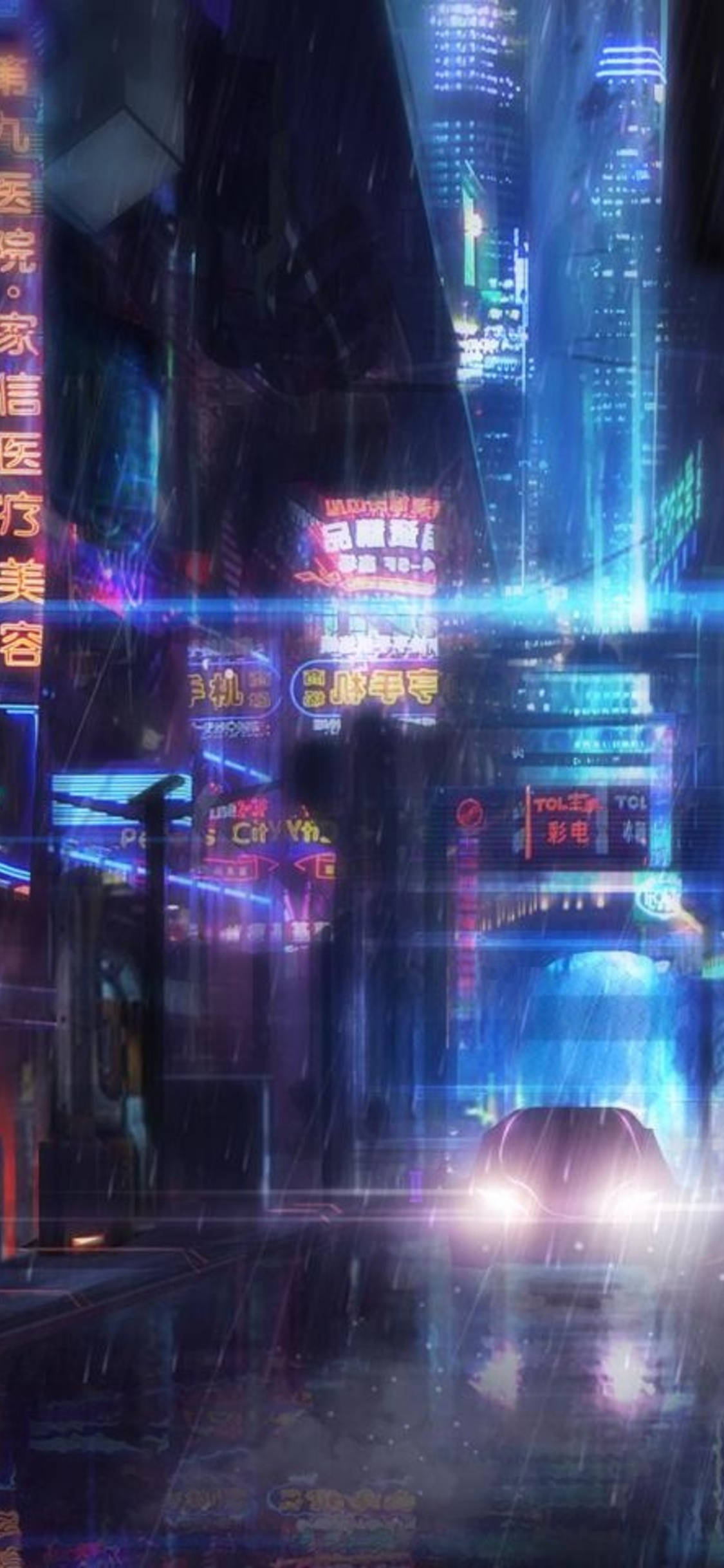 手機 桌布 壁紙 — 雨濕的霓虹燈光 cyberpunk 城市街道夜景，閃爍的招牌和汽車頭燈穿透傾盆大雨。