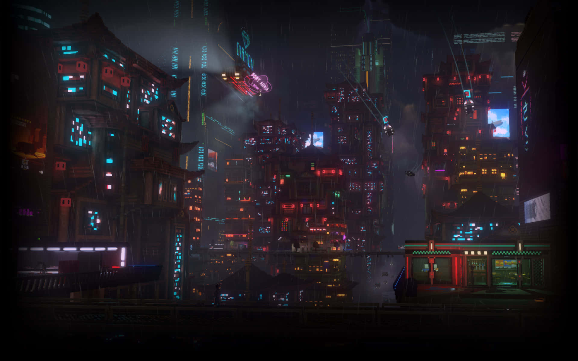 Profile 桌布 壁紙 — 雨濕的霓虹燈光 cyberpunk 城市夜景，有飛行車輛和 towering 發光摩天大樓。