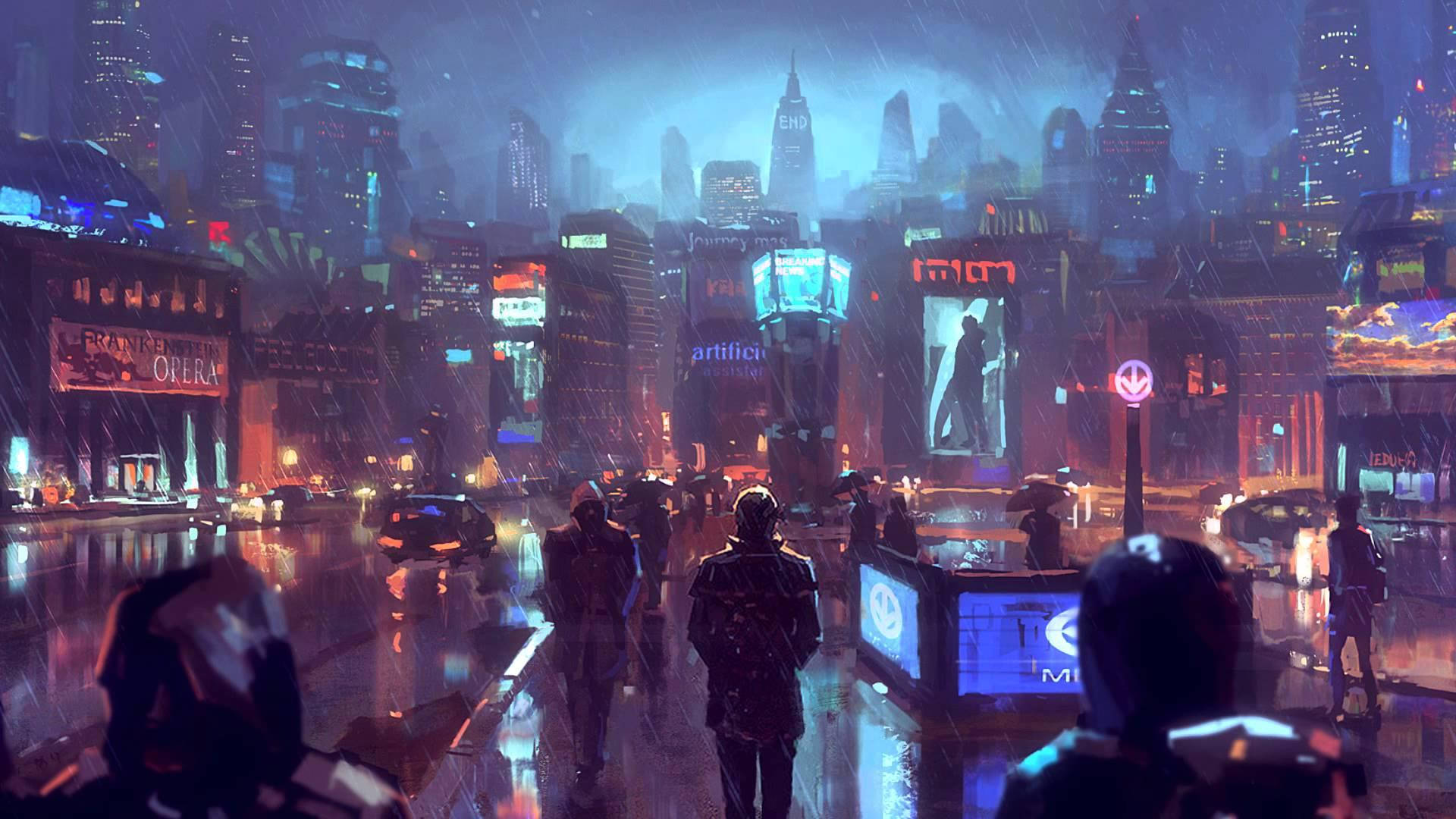 電馭叛客2077 桌布 壁紙 — 雨濕的霓虹燈光 cyberpunk 城市夜景，行人走在發光的廣告牌和摩天大樓下。