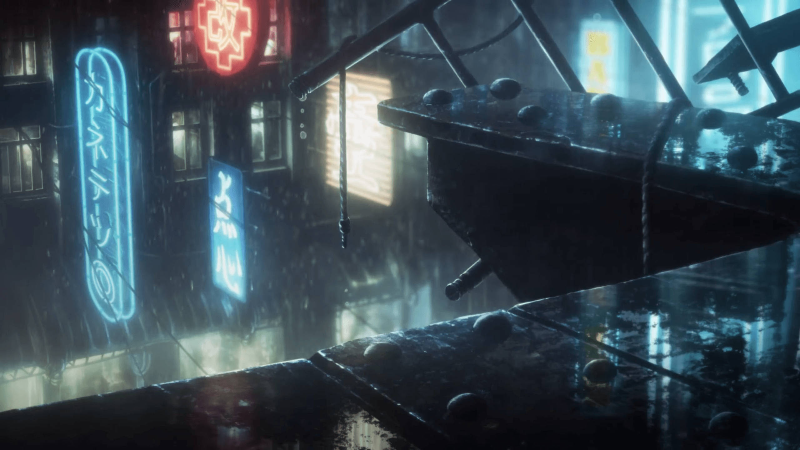 blade 桌布 壁紙 — 雨濕的霓虹燈城市小巷夜晚，發光招牌在潮濕金屬表面反射。
