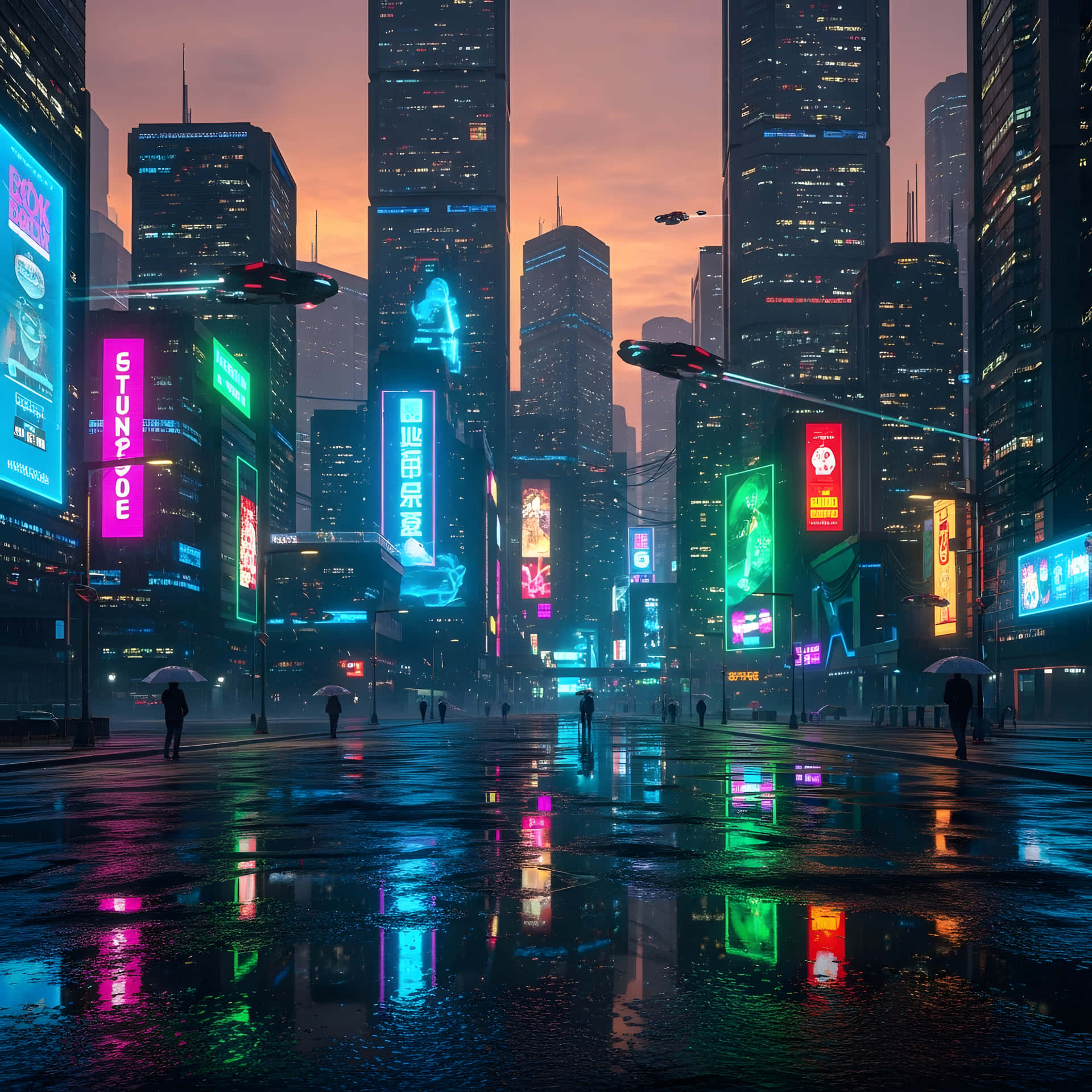 Cityscape neon rain 壁紙 — 雨濕的霓虹燈城市街道在黃昏時分，高聳的摩天大樓和發光的廣告牌在濕漉漉的路面上反射。