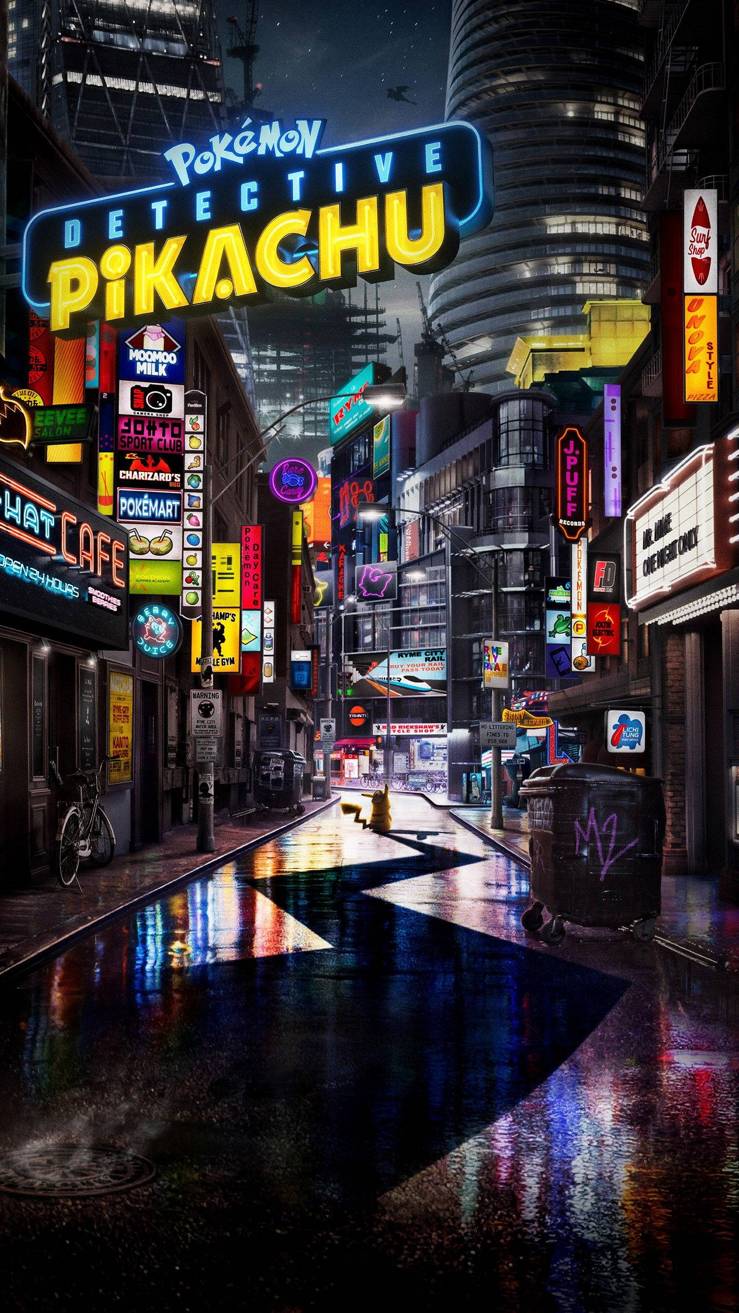 名偵探皮卡丘 桌布 壁紙 — 雨濕的霓虹燈城市街道夜晚，發光的「Detective Pikachu」標誌在濕漉漉的路面上反射。