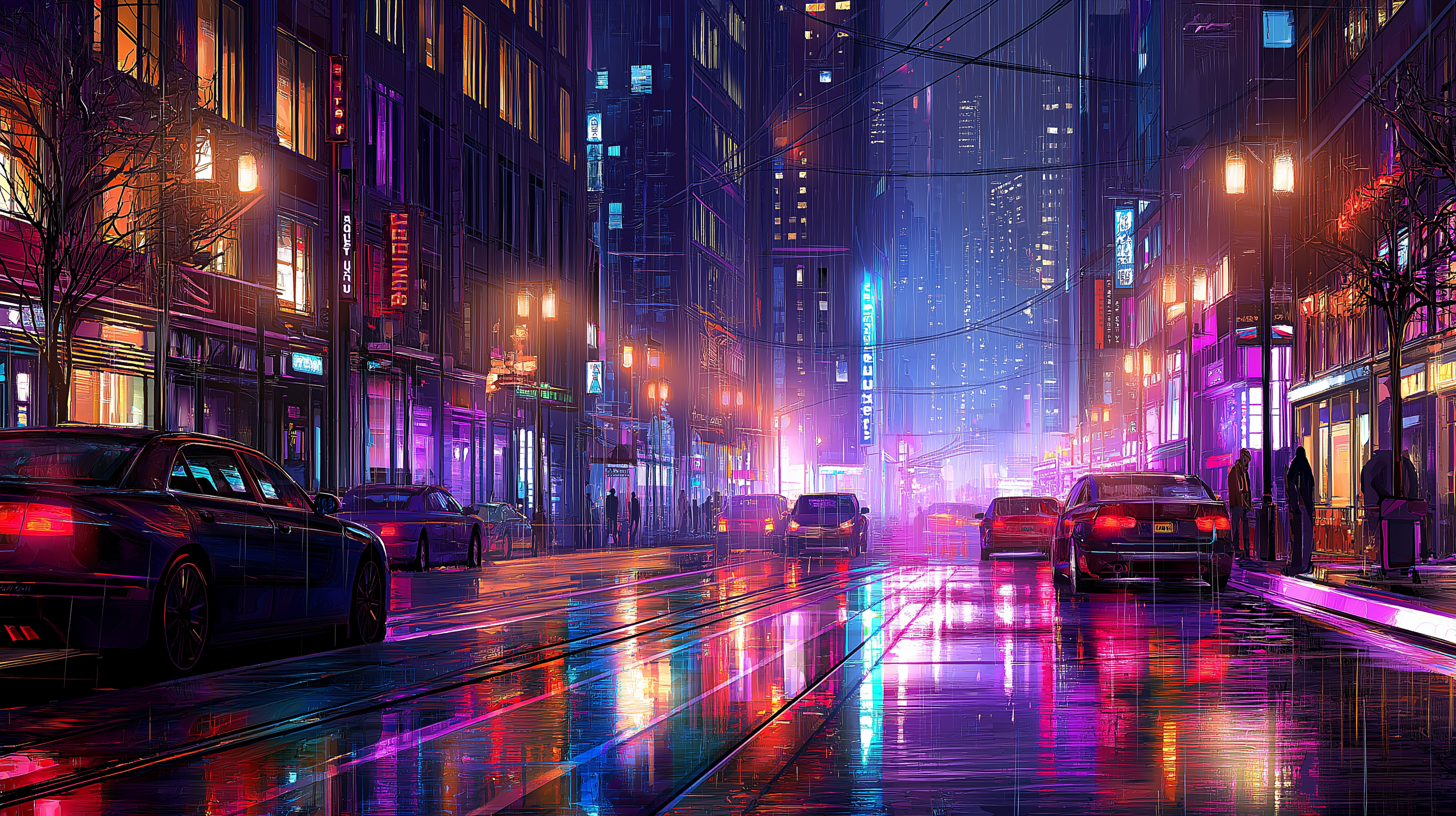 Urban 桌布 壁紙 — 雨濕的霓虹燈城市街道夜景，濕漉漉的路面反射出光芒，汽車沿著發光的商店櫥窗停放。