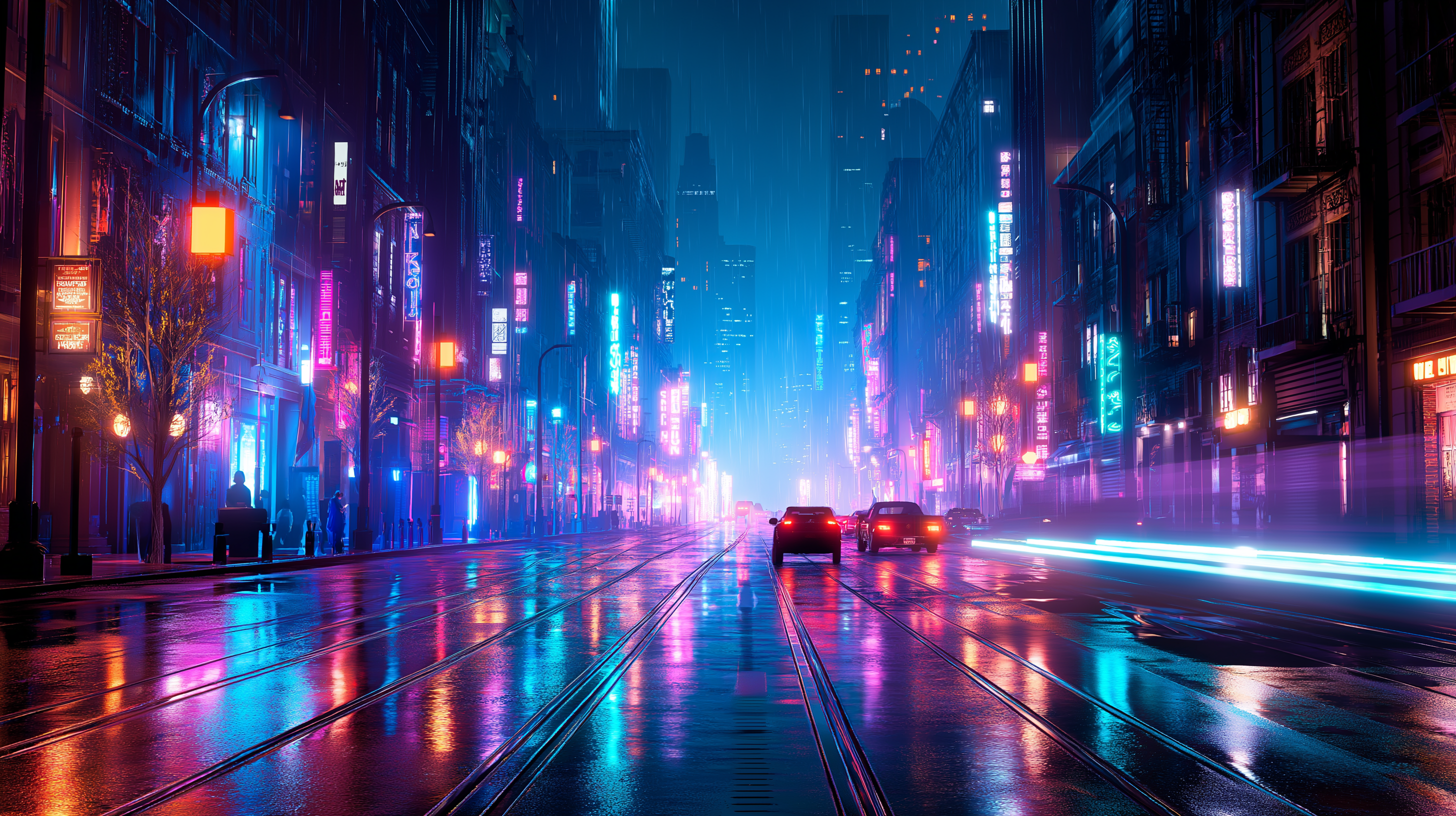 Urban 桌布 壁紙 — 雨濕的霓虹燈城市街道夜景，發光的招牌在濕漉漉的瀝青上反射，汽車燈光形成條紋。