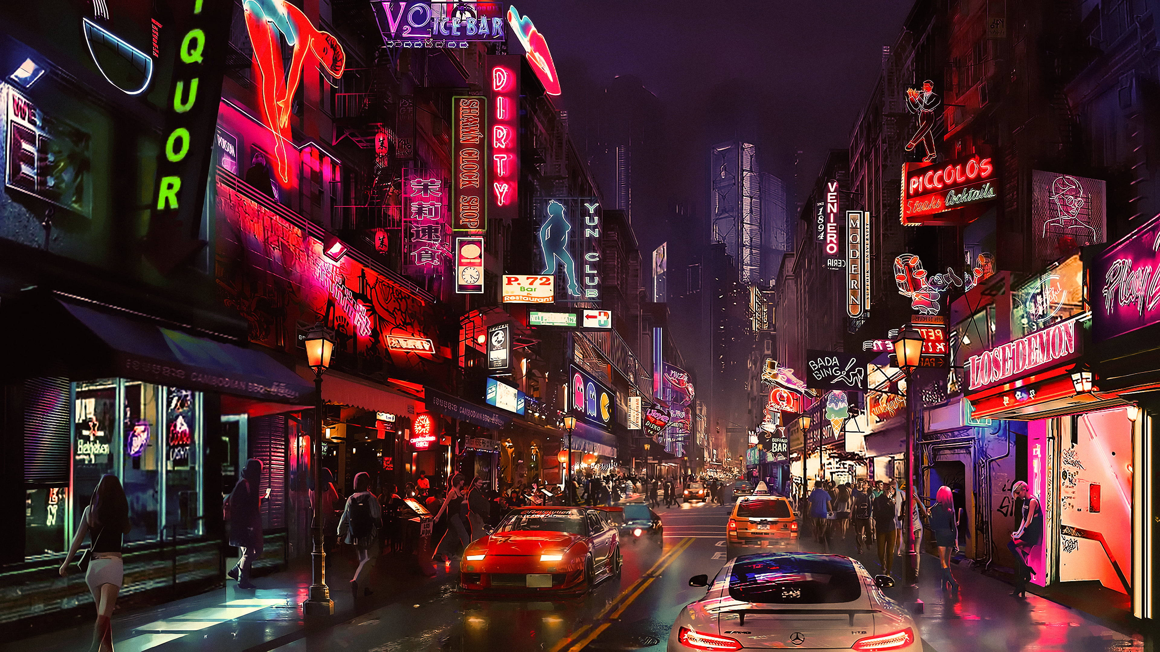 4K Pc 桌布 壁紙 — 雨濕的霓虹燈城市街道夜景，發光的招牌和汽車在濕漉漉的路面上反射出鮮豔色彩。